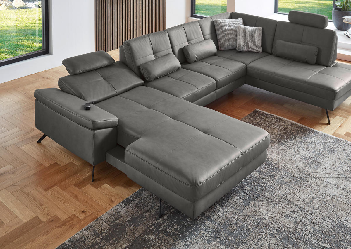 WOHNLANDSCHAFT in Lederlook, Mikrofaser Dunkelgrau  - Dunkelgrau/Schwarz, Design, Textil/Metall (179/343/220cm) - Beldomo System