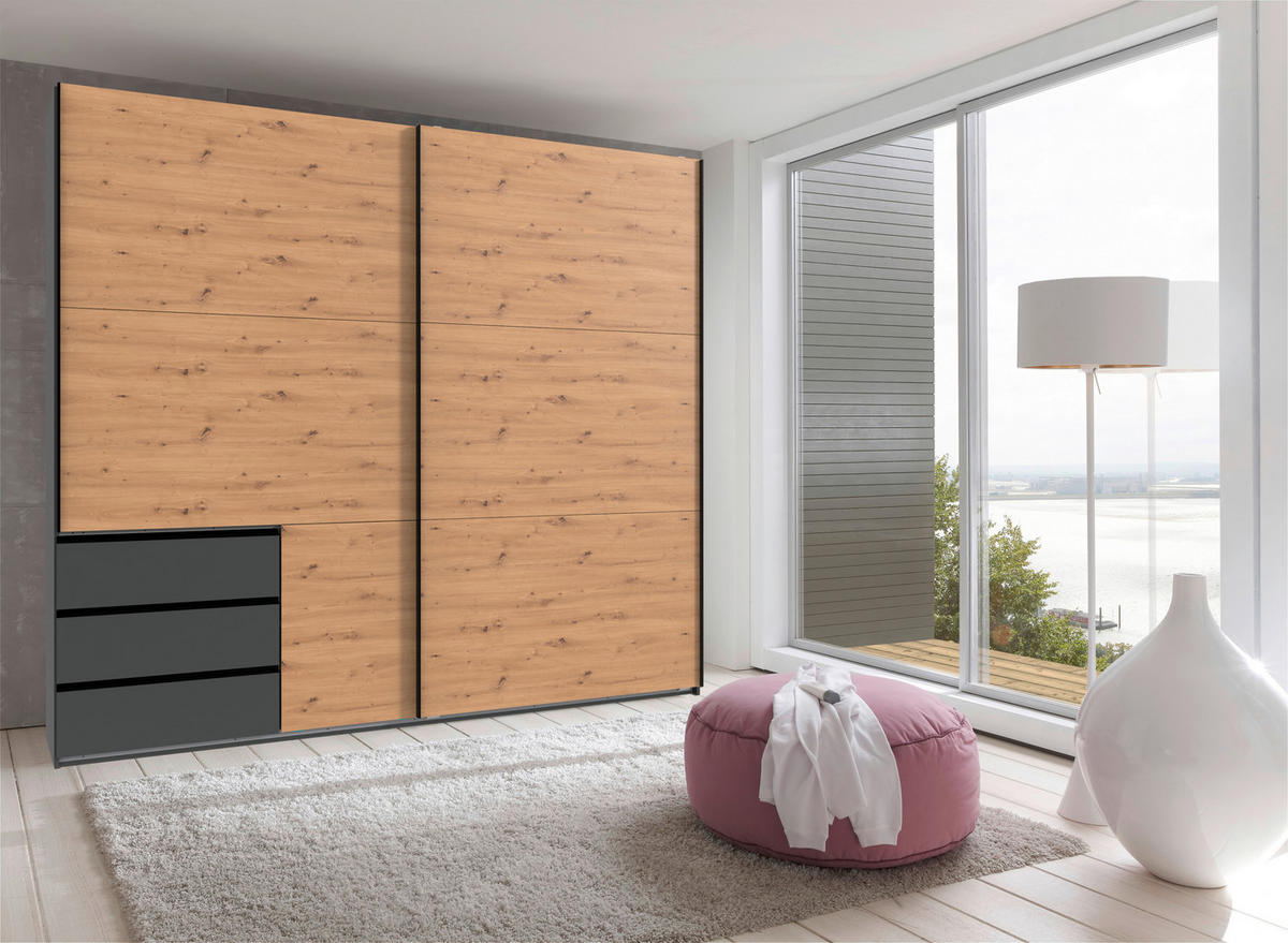 SCHWEBETÜRENSCHRANK in Graphitfarben, Eiche Artisan  - Schwarz/Graphitfarben, Konventionell, Holzwerkstoff/Metall (250/236/65cm) - Hom`in