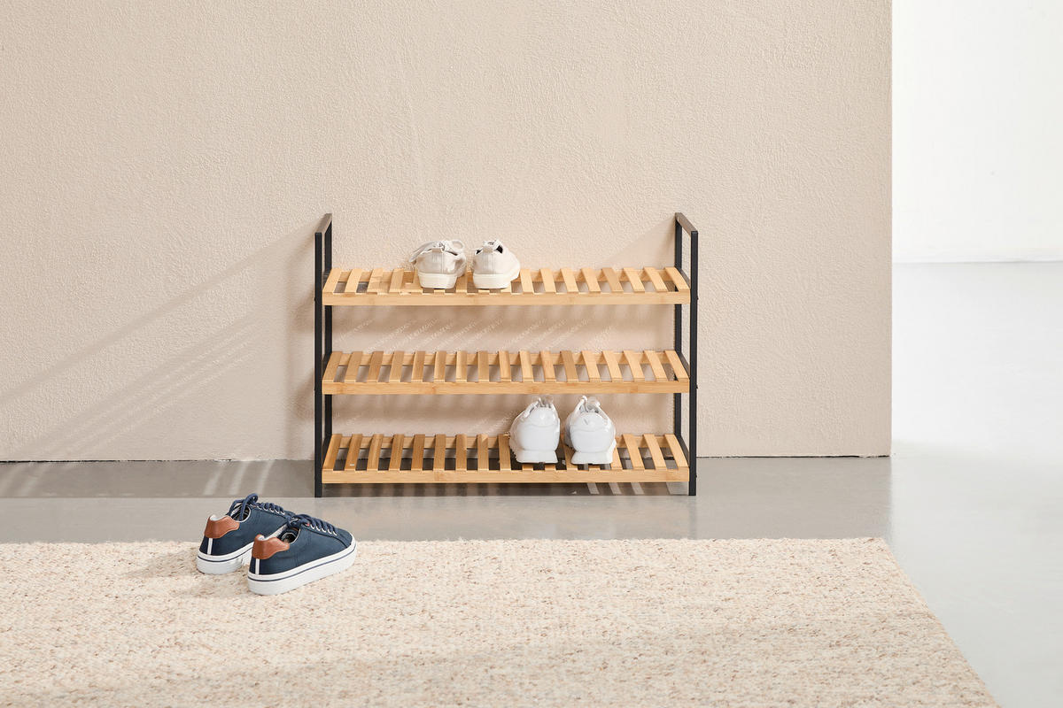 SCHUHREGAL Naturfarben, Schwarz  - Schwarz/Naturfarben, Basics, Naturmaterialien/Metall (70/48,5/30cm) - Carryhome