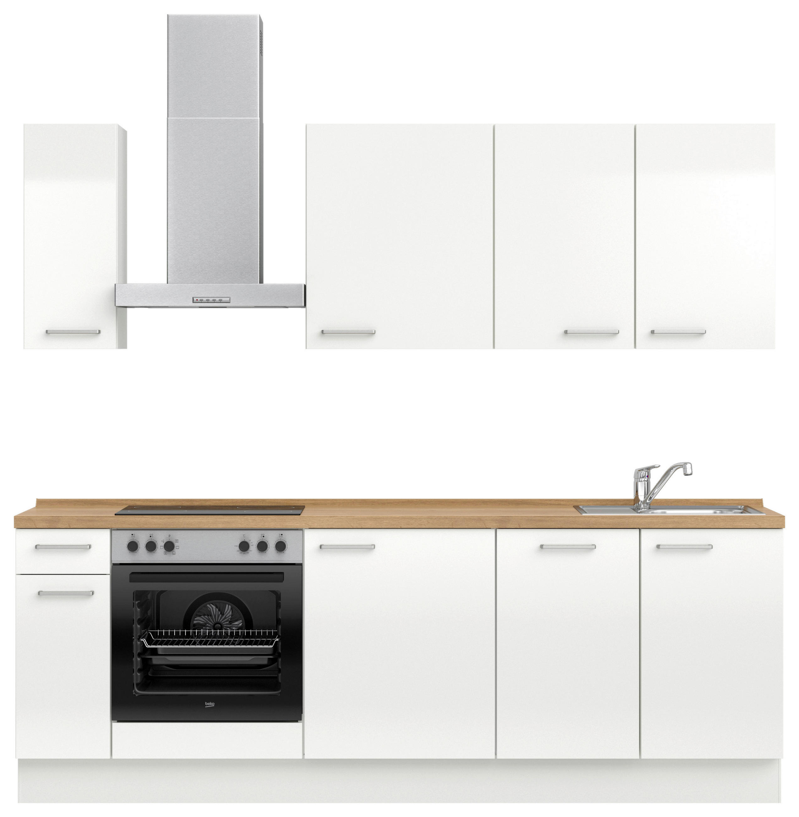 KÜCHENLEERBLOCK 240 cm   in Eichefarben, Weiß Hochglanz  - Edelstahlfarben/Eichefarben, MODERN, Holzwerkstoff/Metall (240cm) - Nobilia