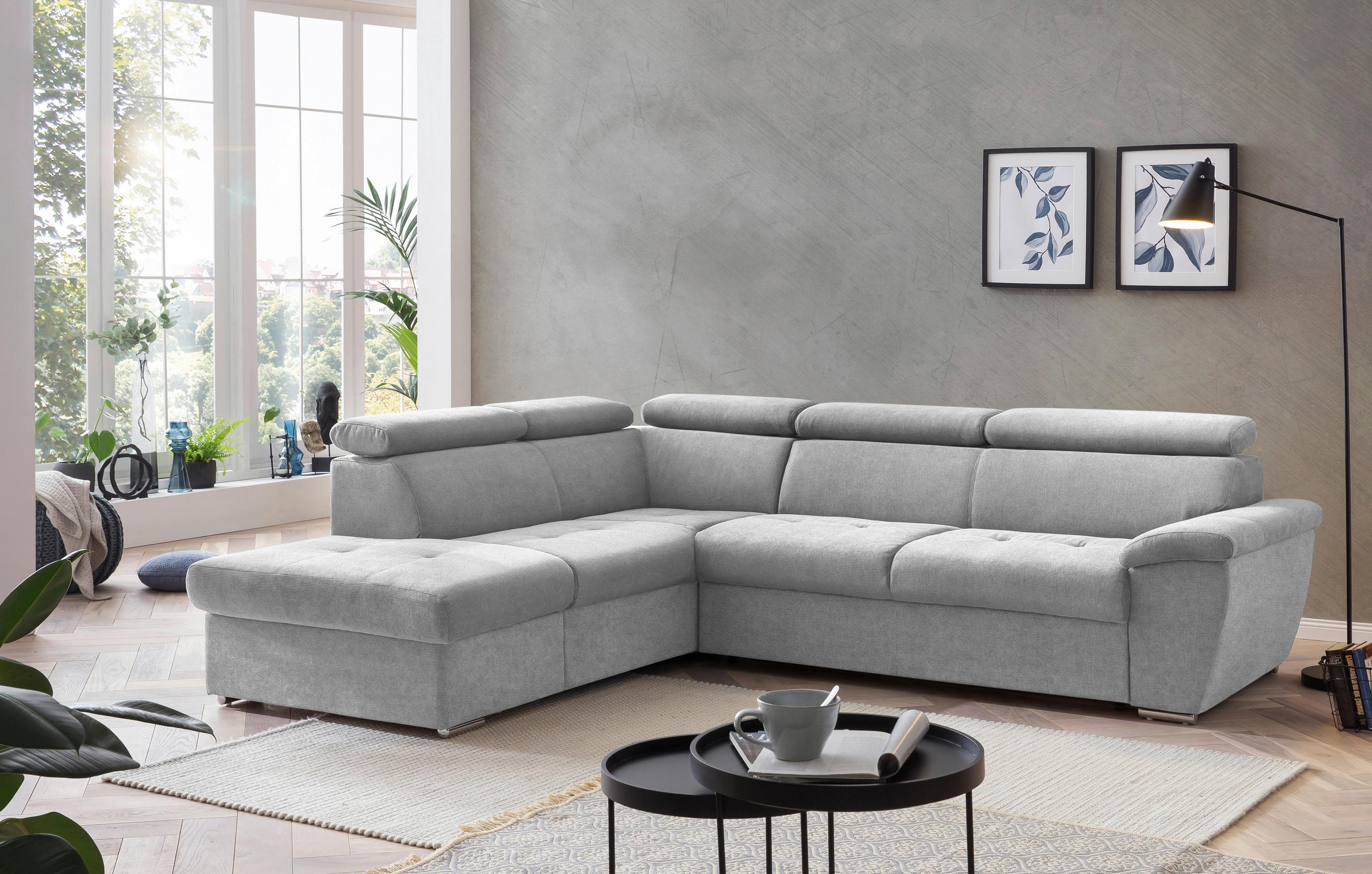 ECKSOFA in Chenille Grau  - Chromfarben/Schwarz, Design, Textil/Metall (216/262cm) - Livetastic