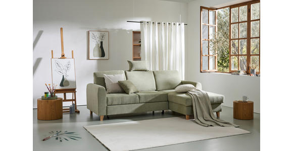 ECKSOFA Hellgrün Flachgewebe Bettkasten, Schlaffunktion, Rücken echt, Kopfstütze, Liegefläche im Originalstoff  - Buchefarben/Hellgrün, KONVENTIONELL, Holz/Textil (241/166cm) - Carryhome