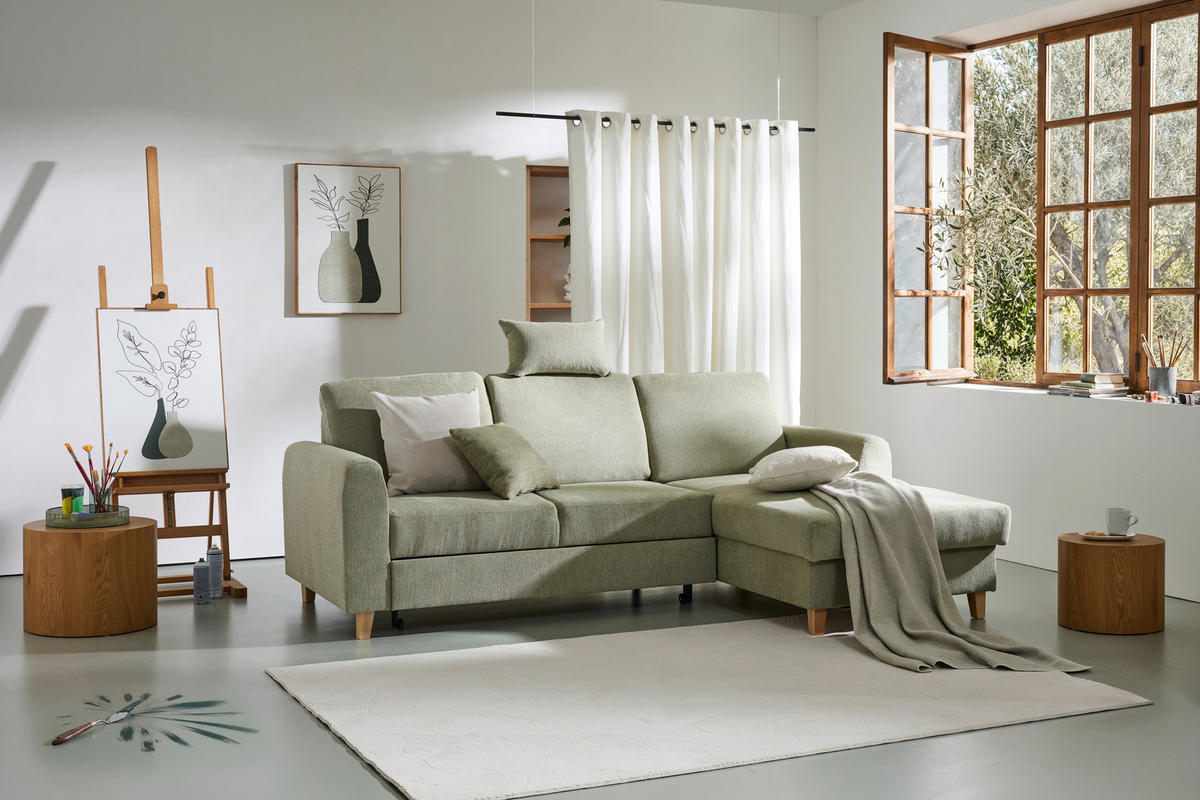 ECKSOFA Hellgrün Flachgewebe  - Buchefarben/Hellgrün, KONVENTIONELL, Holz/Textil (241/166cm) - Carryhome