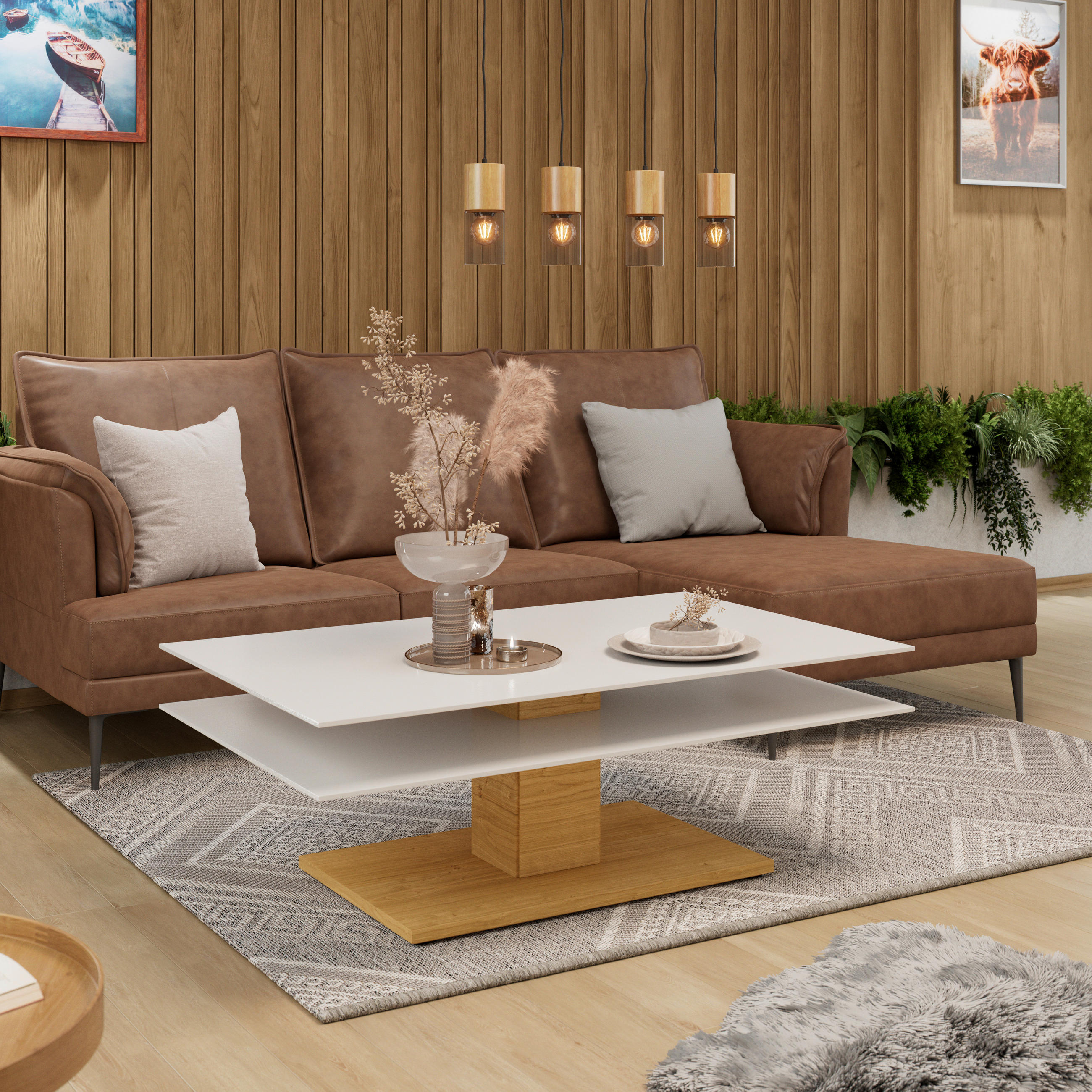 COUCHTISCH Wildeiche furniert, massiv Farbglas 120/75/43 cm rechteckig Weiß, Eichefarben  - Eichefarben/Weiß, Design, Glas/Holz (120/75/43cm) - Voglauer
