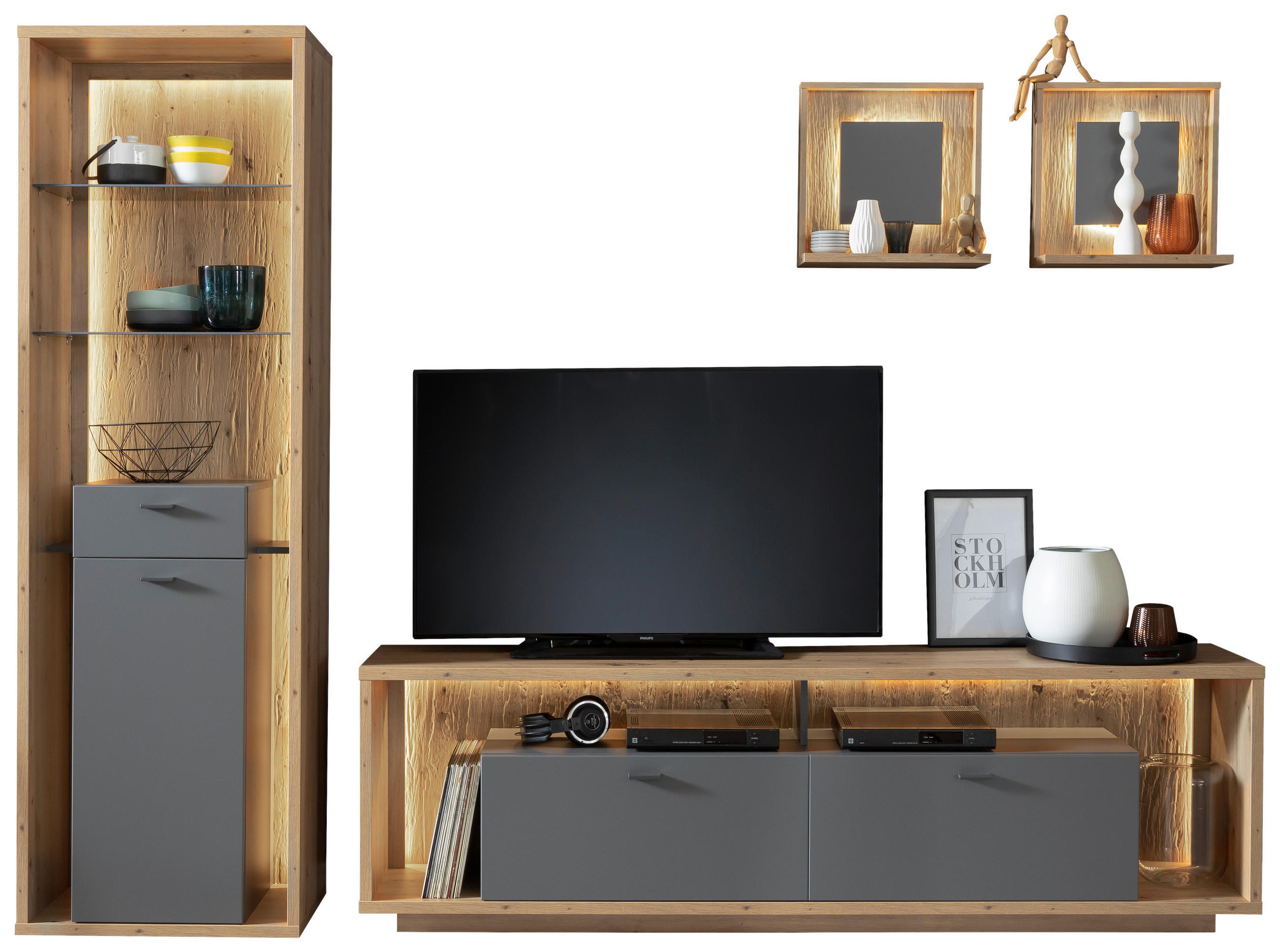 WOHNWAND Colombo  in Grau, Eichefarben  286/209/40 cm  - Eichefarben/Grau, Design, Glas/Holzwerkstoff (286/209/40cm) - MID.YOU