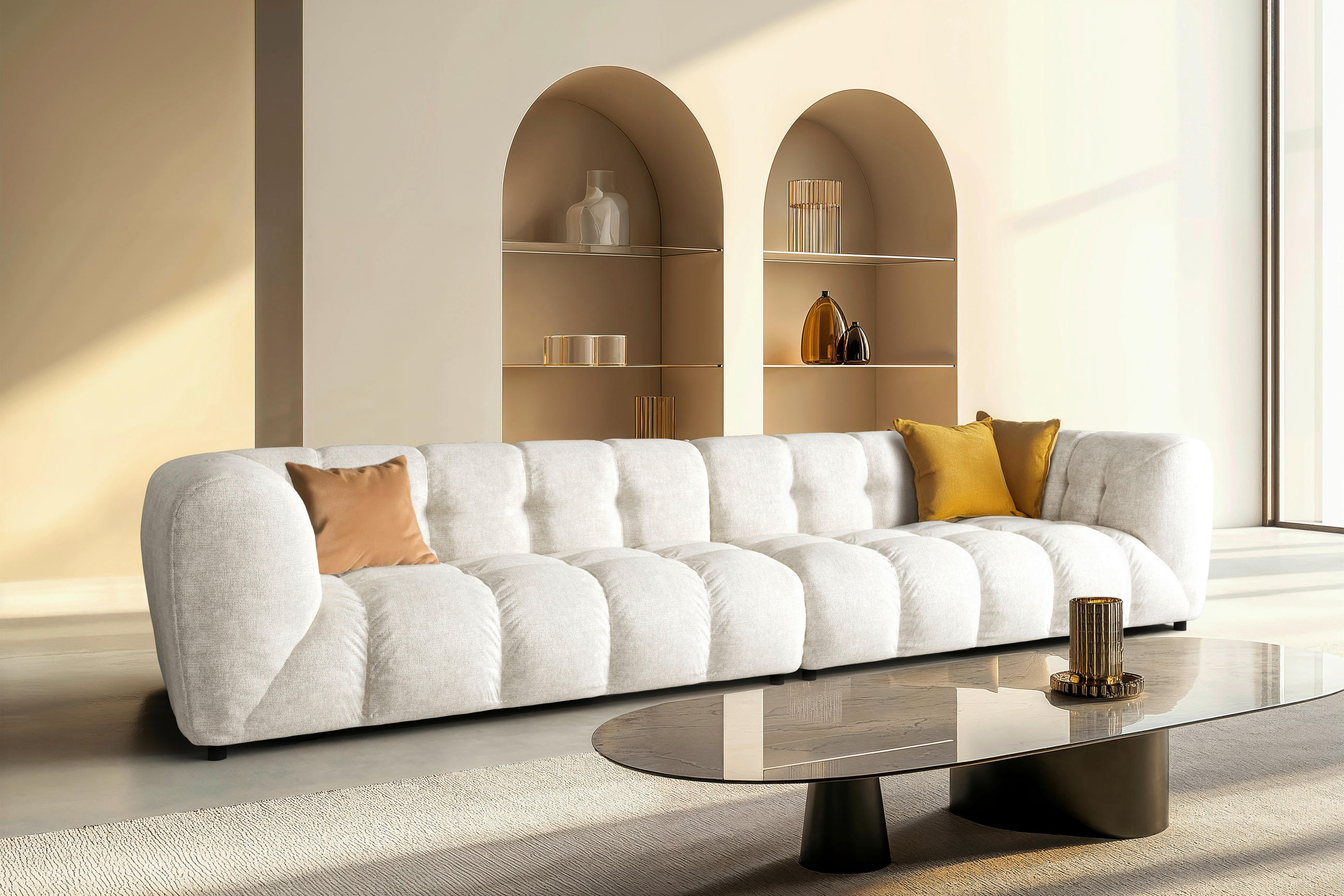 BIGSOFA in Flachgewebe Creme  - Creme/Schwarz, Konventionell, Kunststoff/Textil (406/79/107cm) - Livetastic