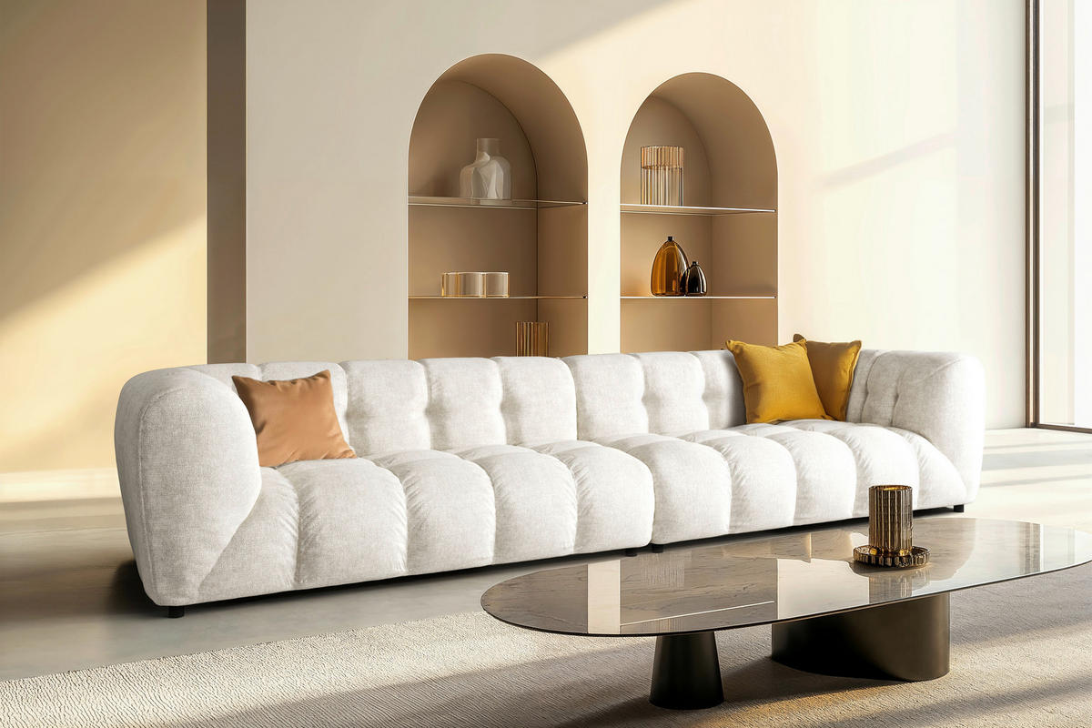 BIGSOFA in Flachgewebe Creme  - Creme/Schwarz, Konventionell, Kunststoff/Textil (406/79/107cm) - Livetastic
