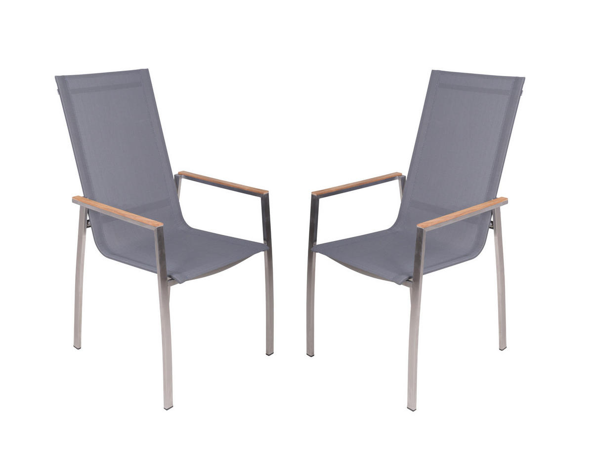 GARTENSTUHL-SET Teakholz Edelstahl Braun, Silberfarben, Hellgrau  - Silberfarben/Hellgrau, Basics, Holz/Kunststoff (61/108/56cm) - Gardenson