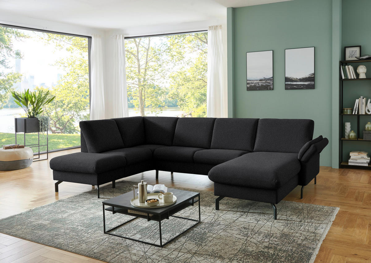 WOHNLANDSCHAFT Flachgewebe Schwarz  - Schwarz, Konventionell, Textil/Metall (190/307/170cm) - Beldomo Comfort