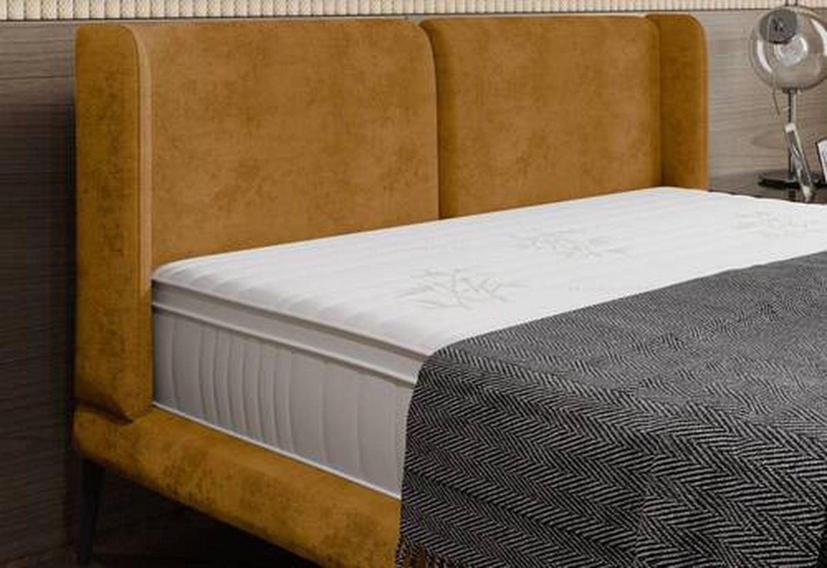 Polsterbett inkl. Matratze gepolstertes Kopfteil, Topper, Matratze 180/200 cm  in Currygelb  - Currygelb/Creme, MODERN, Textil/Metall (180/200cm) - Livetastic