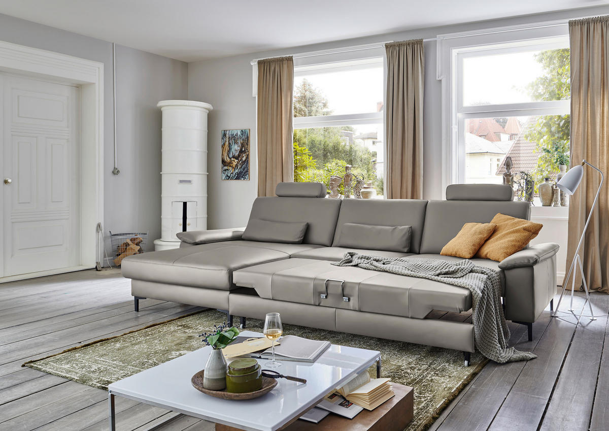 ECKSOFA Echtleder Hellgrau  - Hellgrau/Schwarz, Design, Leder/Metall (176/334cm) - Dieter Knoll