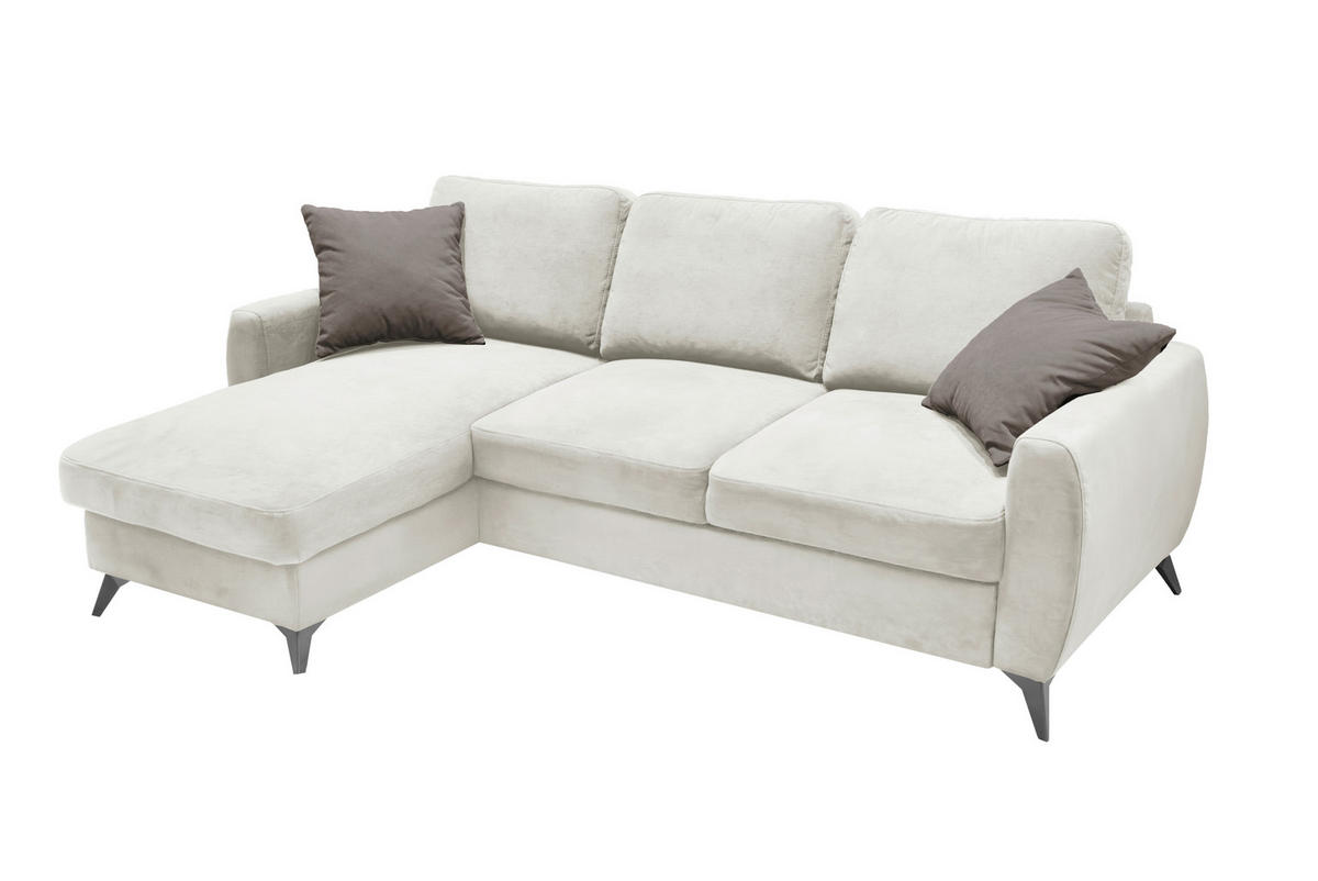 ECKSCHLAFSOFA JEFFREY Mikrovelours Creme  inkl. Rückenkissen, Stauraum, Zierkissen  - Taupe/Creme, KONVENTIONELL, Textil/Metall (230/150cm) - Livetastic