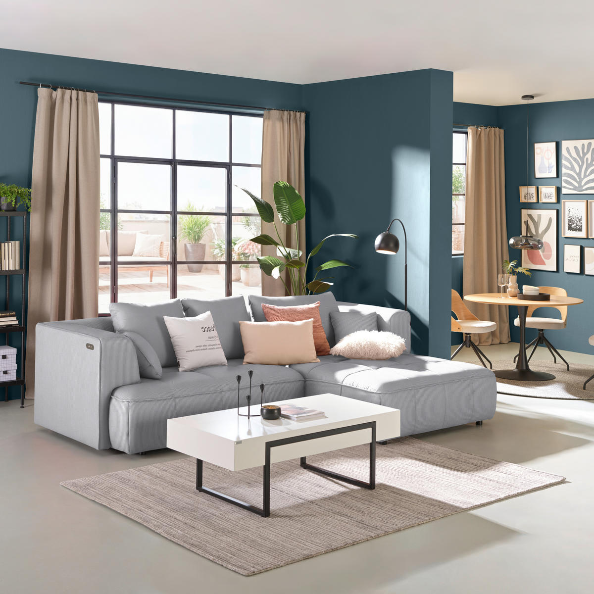 ECKSOFA Feincord Hellgrau  - Hellgrau/Schwarz, Design, Kunststoff/Textil (288/188cm) - Welnova