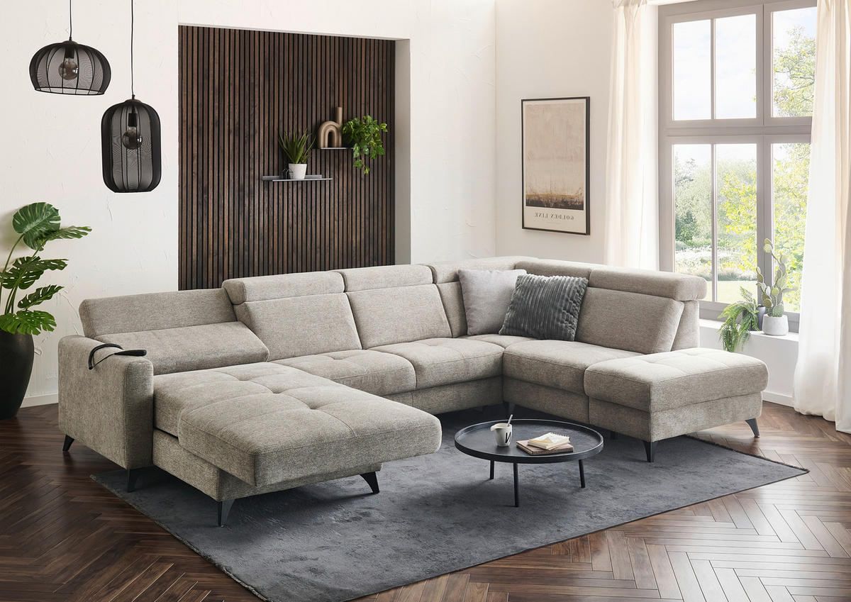 WOHNLANDSCHAFT Beldomo System Graubraun Flachgewebe  - Graubraun/Schwarz, KONVENTIONELL, Textil/Metall (174/333/215cm) - Beldomo System