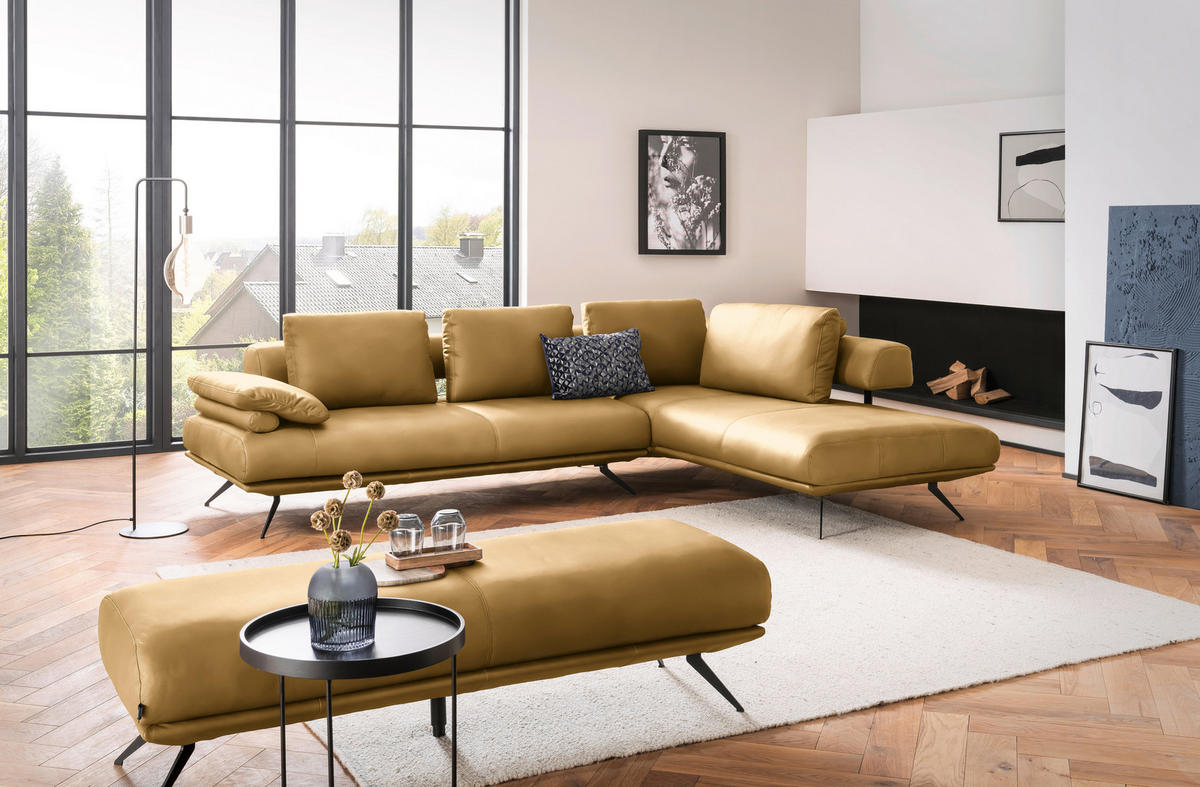 ECKSOFA in Echtleder Currygelb  - Currygelb/Schwarz, Design, Leder/Metall (305/231cm) - Dieter Knoll