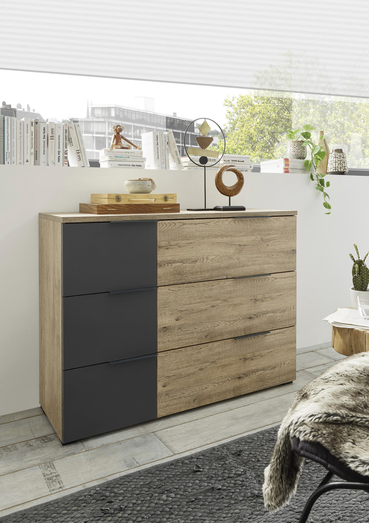 KOMODA S VRATIMA - boja hrasta/grafitno siva, Dizajnerski, pločasti materijal (120/89/40cm) - Hom`in