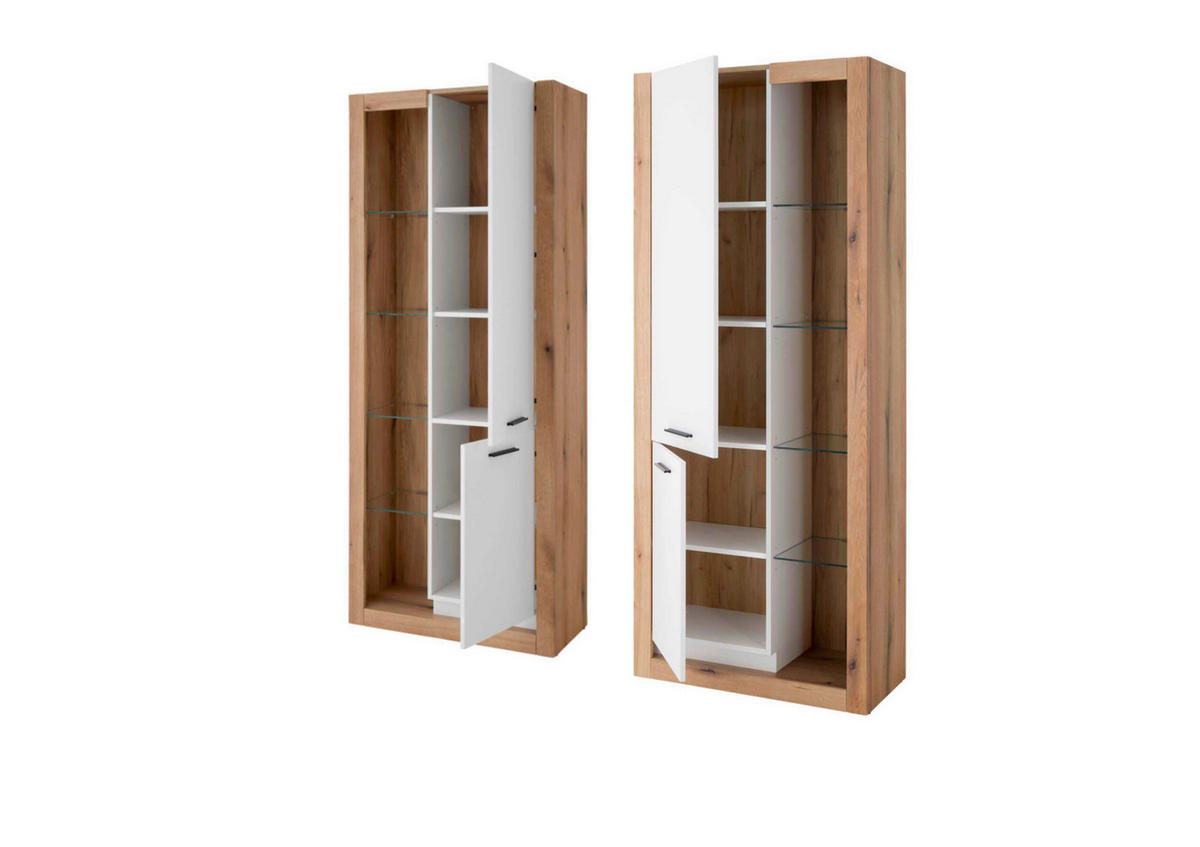 WOHNWAND 2-teilig  in Weiß, Eichefarben  180/195/37 cm  - Eichefarben/Schwarz, Design, Glas/Holzwerkstoff (180/195/37cm) - MID.YOU