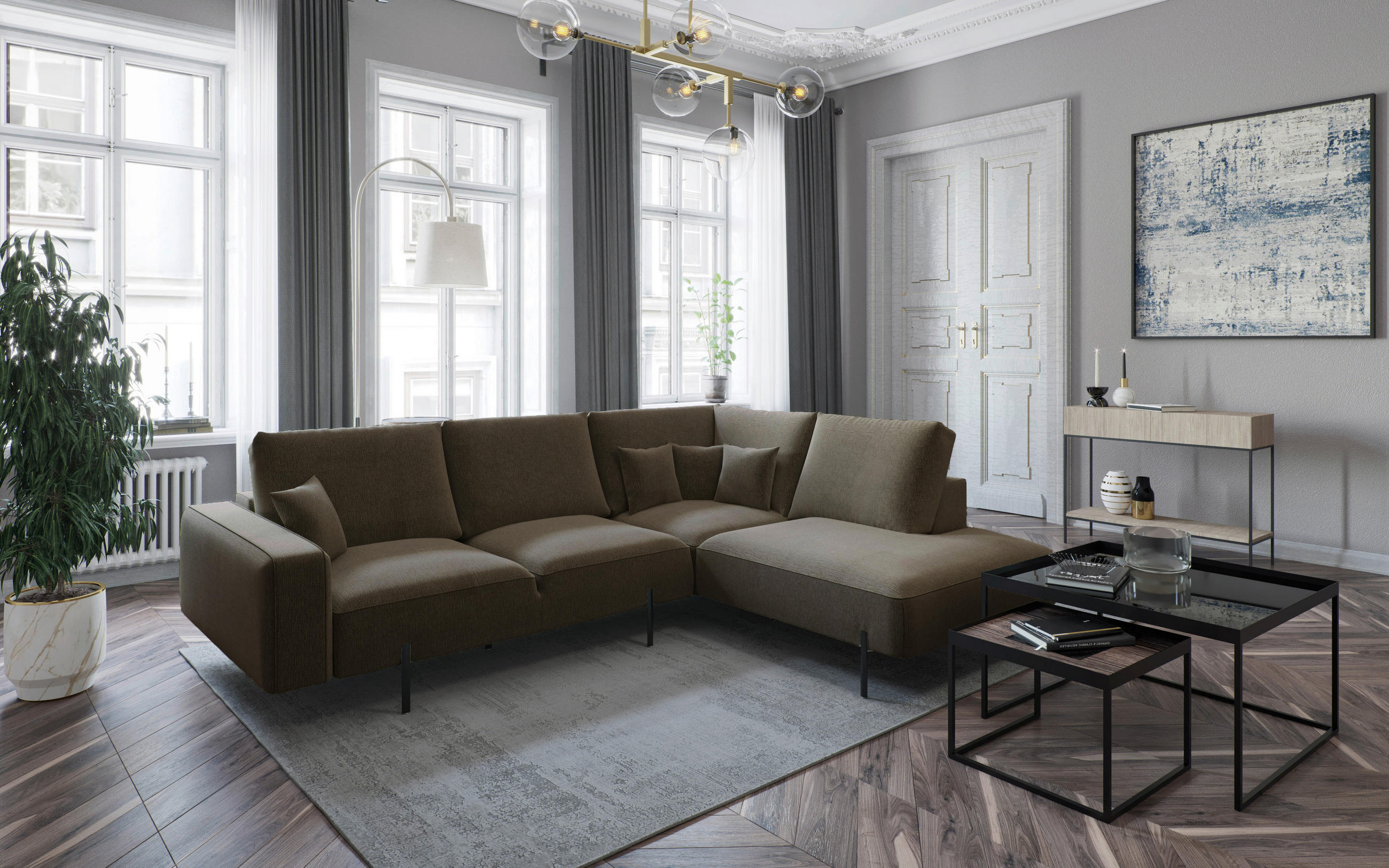 HÖRNSOFFA i flatväv brun  - brun/svart, Design, metall/textil (280/223/223cm) - Livetastic