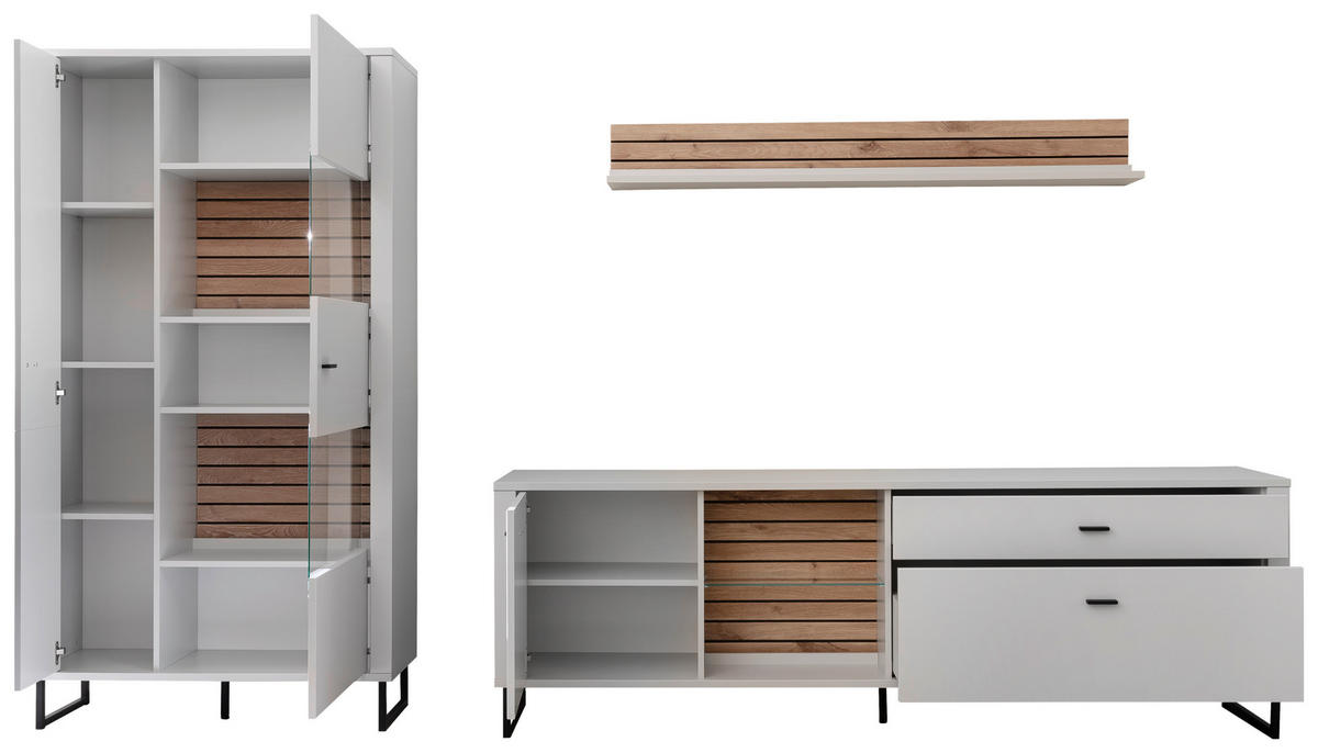 WOHNWAND  in Weiss, Eichefarben 326/185/44 cm  - Weiss/Eichefarben, Design, Glas/Holzwerkstoff (326/185/44cm) - Stylife