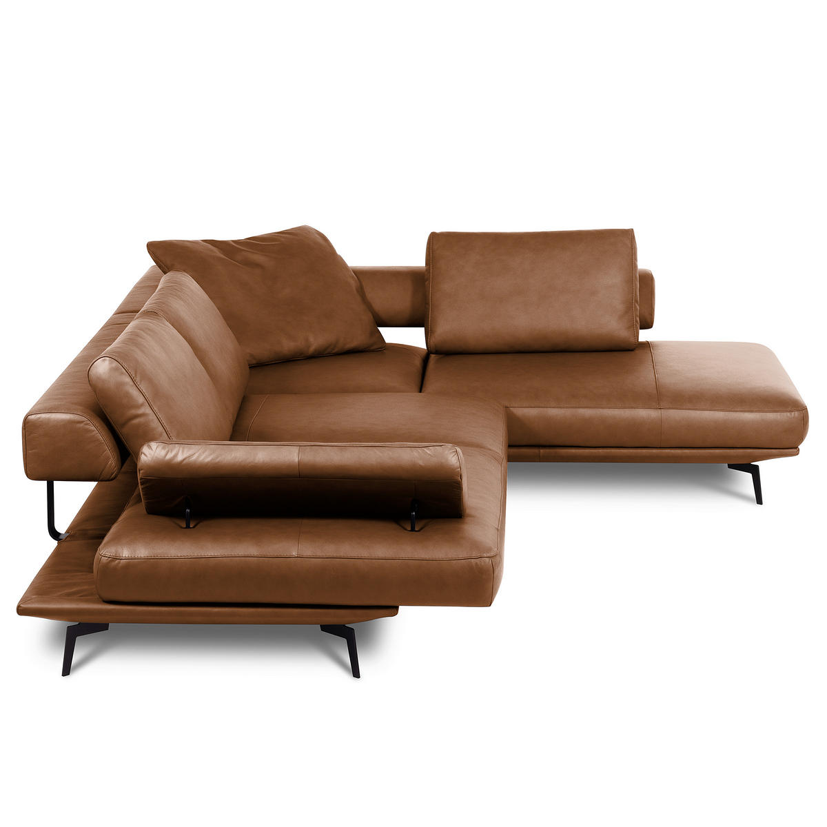 ECKSOFA Cognac Echtleder  - Cognac/Schwarz, Design, Leder/Metall (306/237cm) - Livetastic