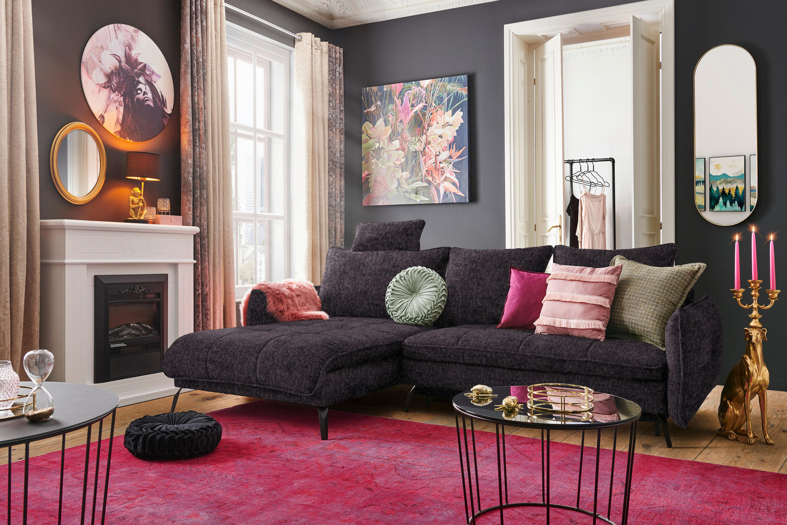 ECKSOFA in Flachgewebe Anthrazit  - Anthrazit/Schwarz, Design, Textil/Metall (180/273cm) - Hom`in