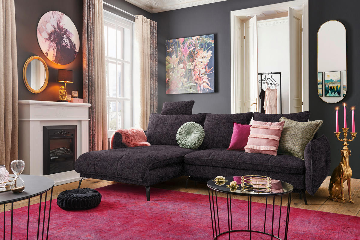 ECKSOFA in Flachgewebe Anthrazit  - Anthrazit/Schwarz, Design, Textil/Metall (180/273cm) - Hom`in