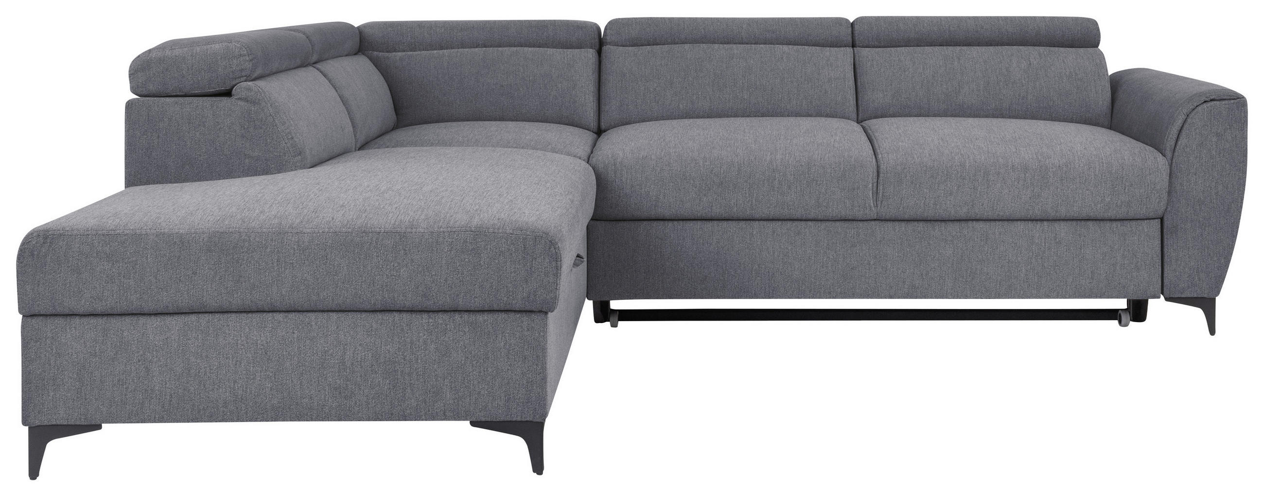 ECKSOFA Dunkelgrau Velours Bettkasten, Schlaffunktion, Rücken echt, Kopfteilverstellung, Liegefläche im Originalstoff  - Dunkelgrau/Schwarz, KONVENTIONELL, Textil/Metall (217/255cm) - Carryhome