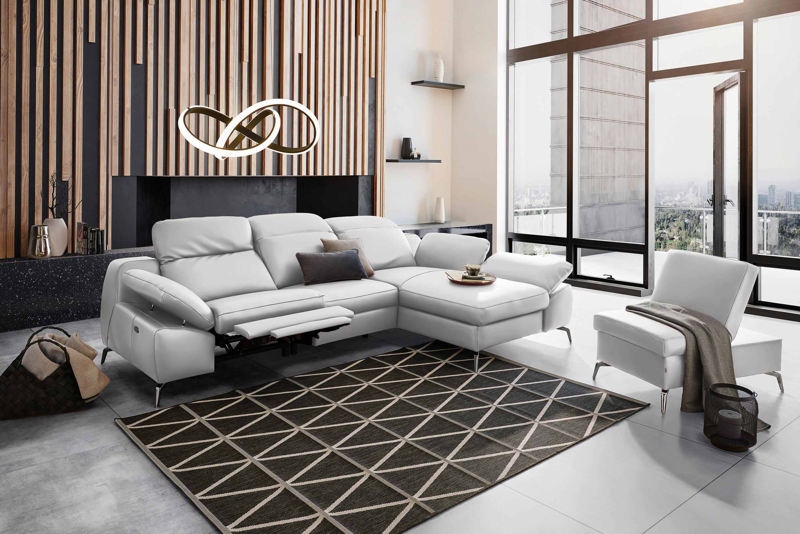 ECKSOFA in Echtleder Weiß  286/183 cm  - Schwarz/Weiß, Design, Leder/Metall (286/183cm) - Celina Home