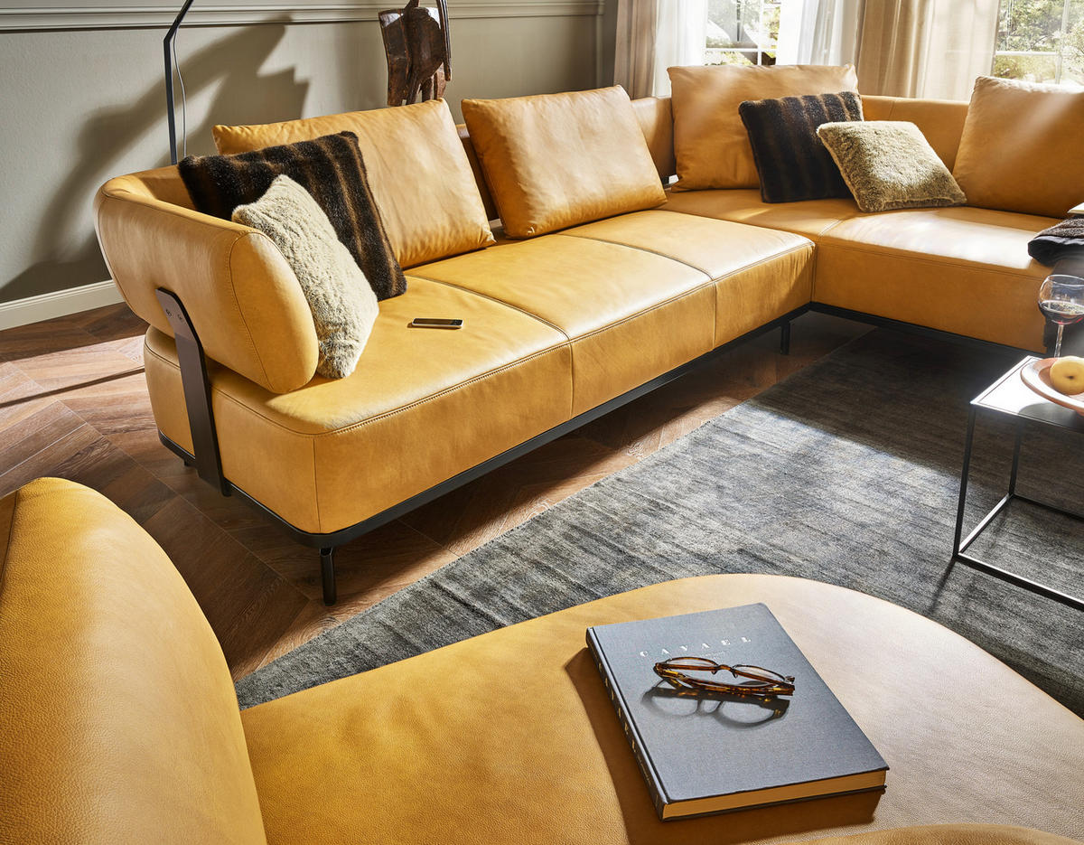 ECKSOFA in Echtleder Dunkelgelb  - Dunkelgelb/Schwarz, Design, Leder/Metall (302/237cm) - Dieter Knoll