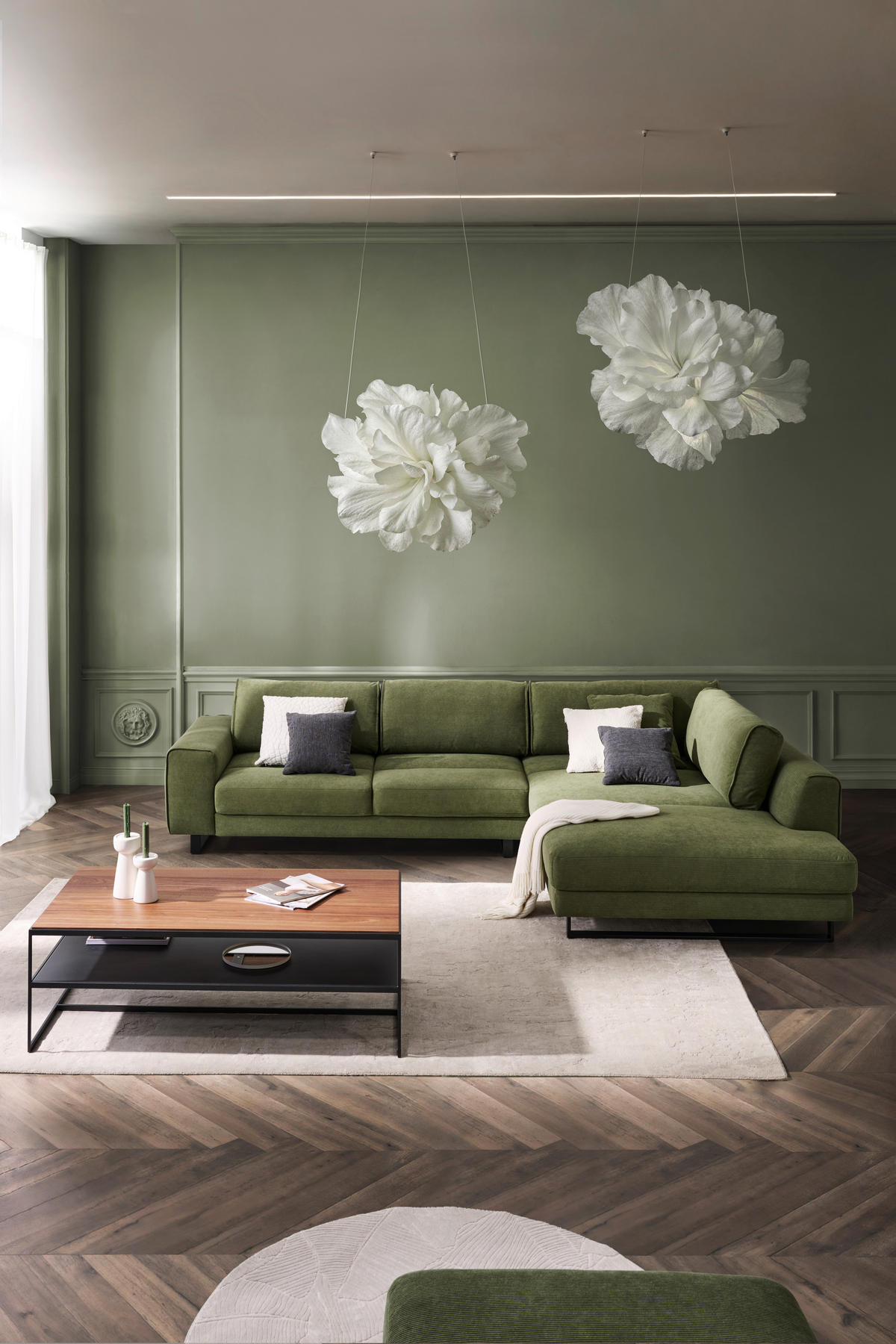 ECKSOFA Cord Olivgrün  - Schwarz/Olivgrün, Design, Textil/Metall (314/211cm) - Sedda