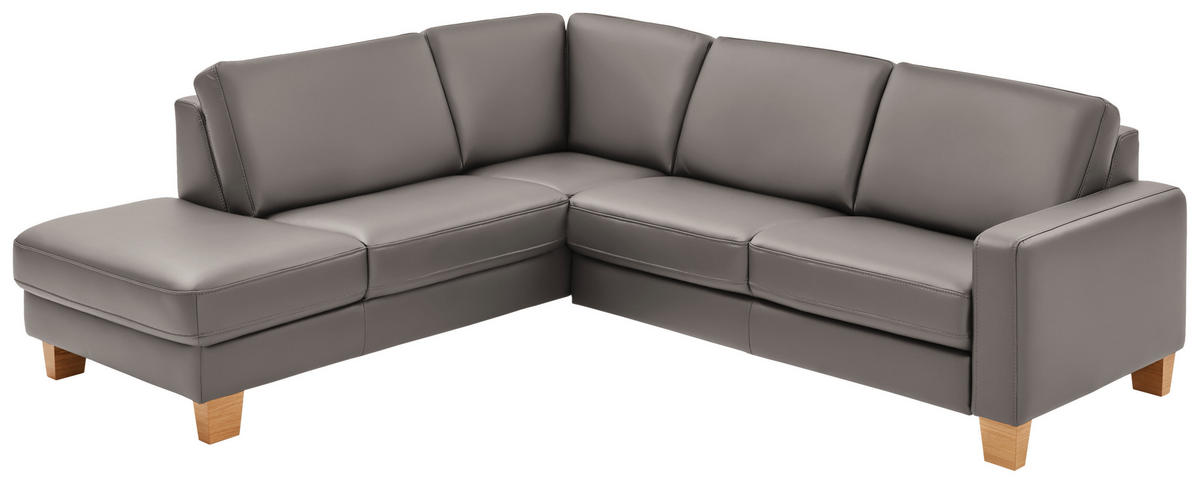 ECKSOFA in Echtleder Hellgrau  - Eiche Bianco/Hellgrau, Konventionell, Leder/Holz (235/257cm) - Valdera