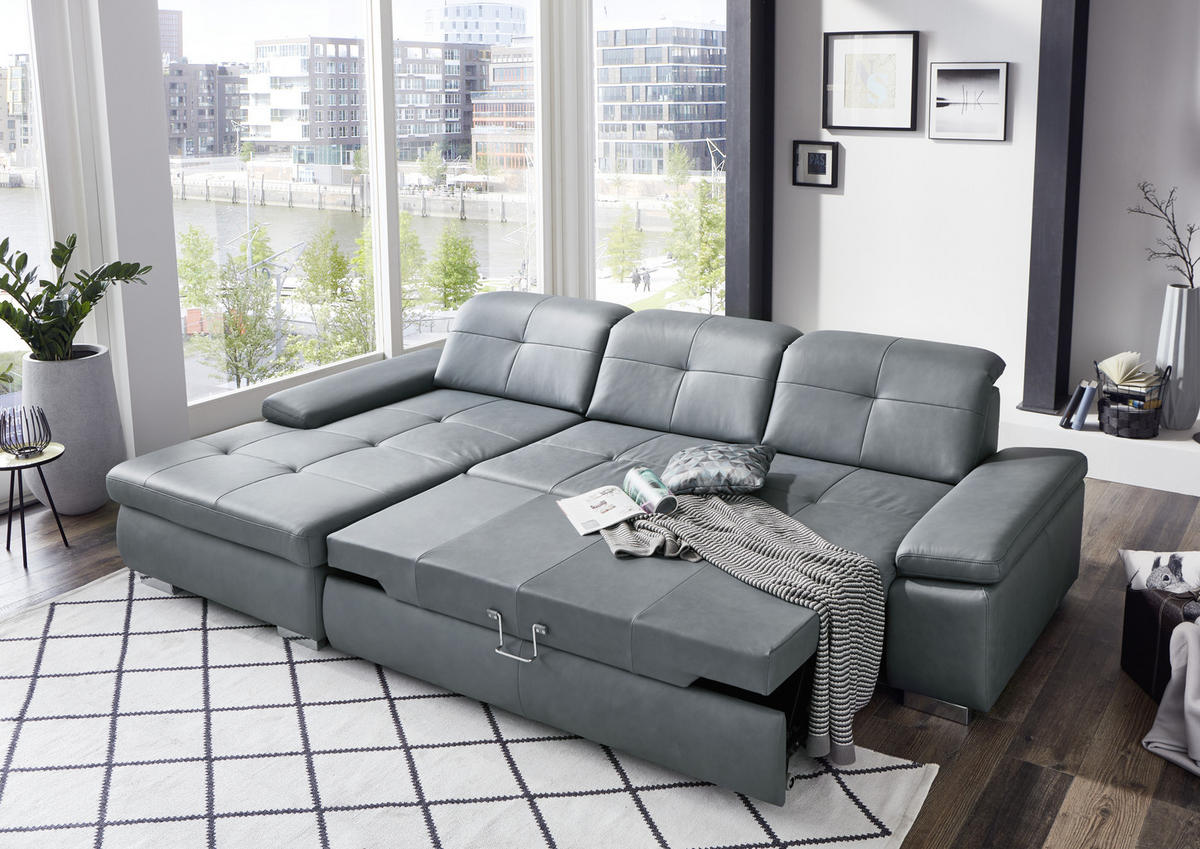 ECKSOFA in Echtleder Grau  - Alufarben/Grau, Design, Leder/Metall (195/309cm) - Beldomo Premium