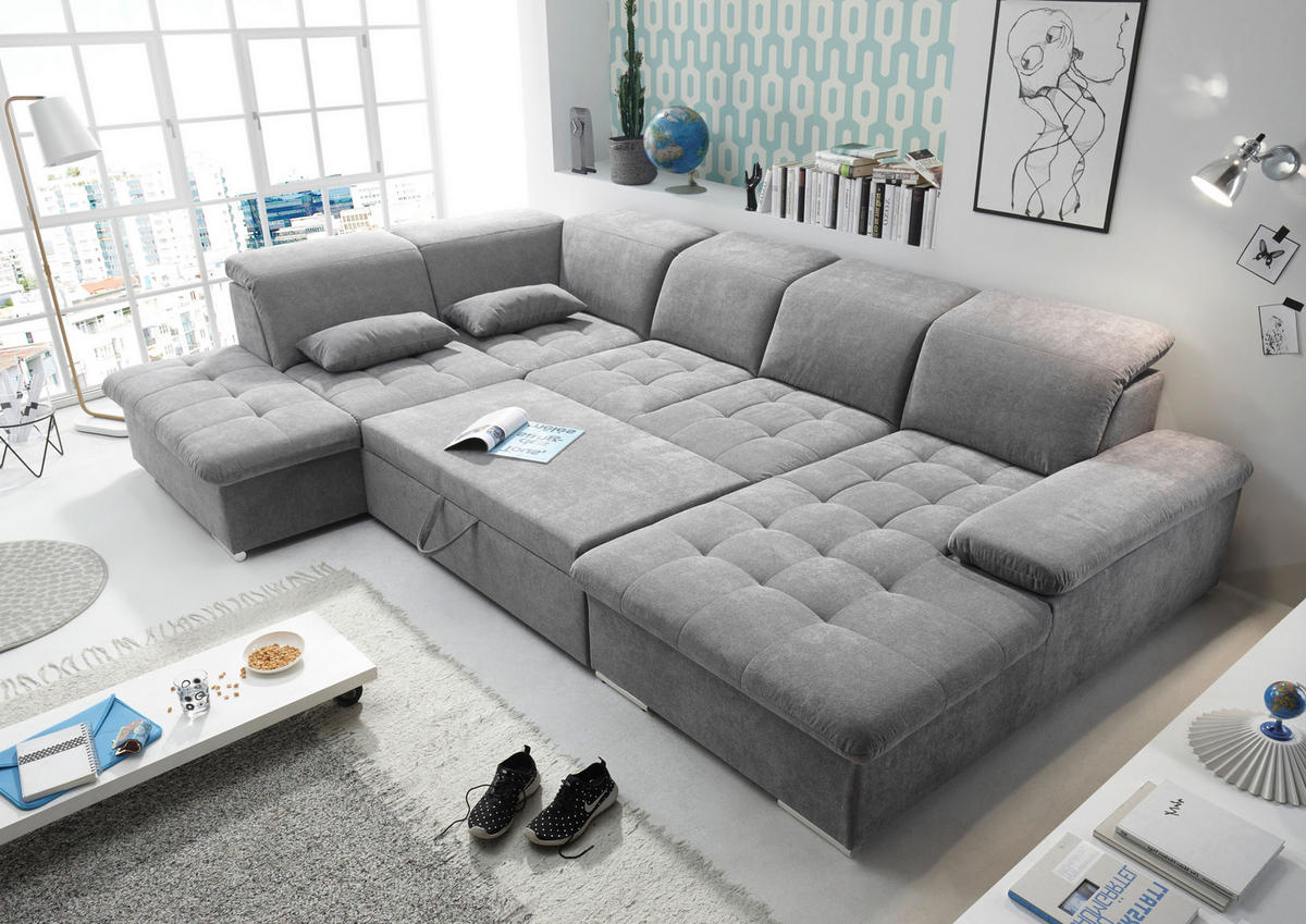 WOHNLANDSCHAFT in Mikrovelours Grau  - Dunkelgrau/Silberfarben, KONVENTIONELL, Kunststoff/Textil (240/340/188cm) - MID.YOU