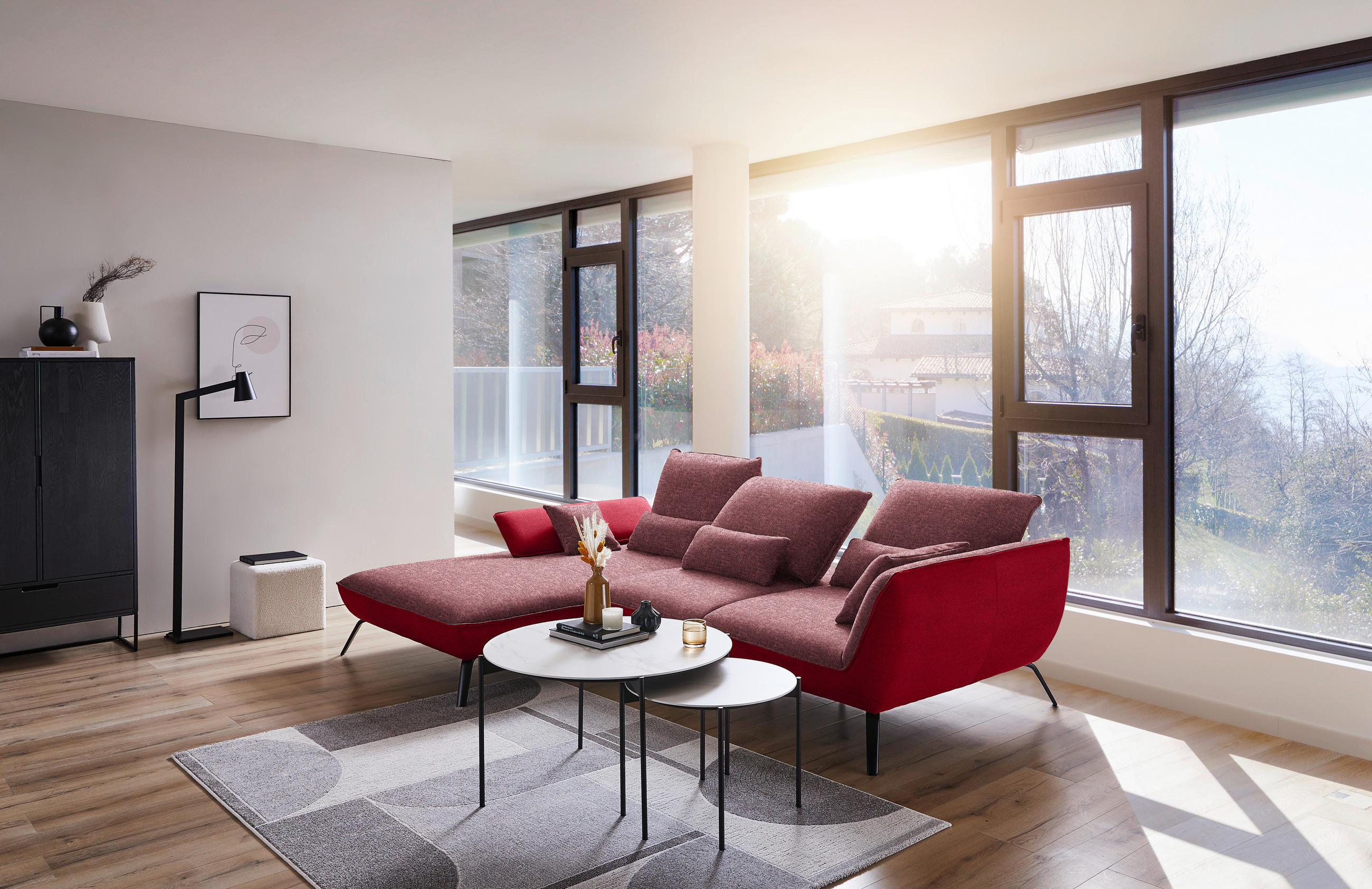 ECKSOFA in Flachgewebe Rot  - Rot/Schwarz, Design, Textil/Metall (191/301cm) - Moderano
