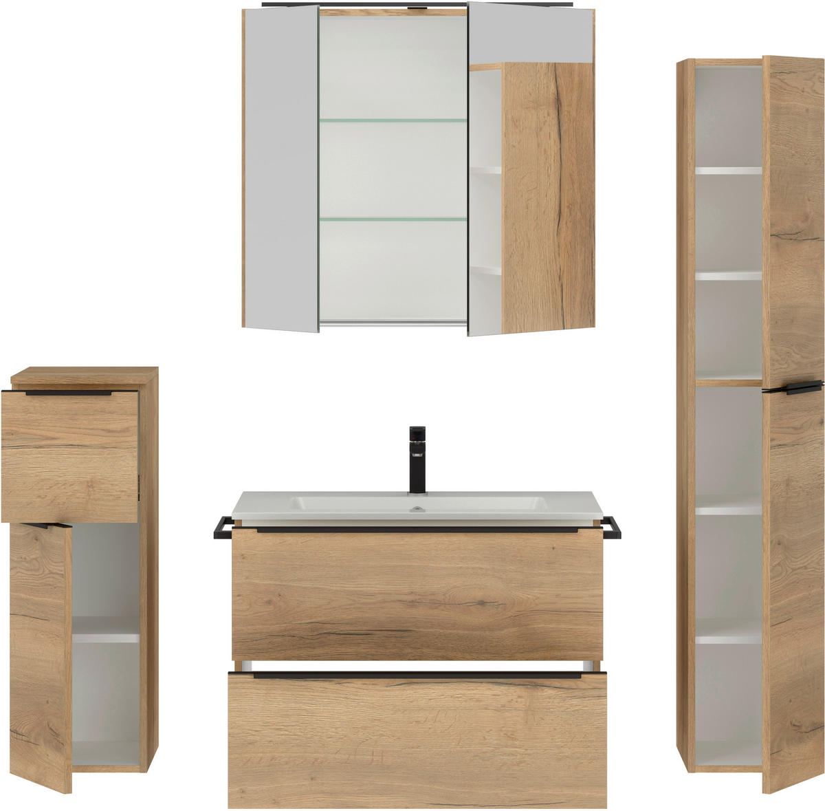 BADEZIMMER 5-teilig  in 141 cm  - Eichefarben/Schwarz, MODERN, Holzwerkstoff/Stein (141cm) - Nobilia