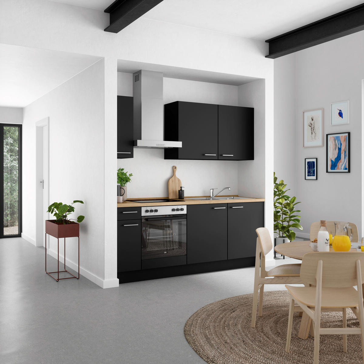 KÜCHENLEERBLOCK 210 cm   in Schwarz, Eichefarben  - Edelstahlfarben/Eichefarben, MODERN, Holzwerkstoff/Metall (210cm) - Nobilia