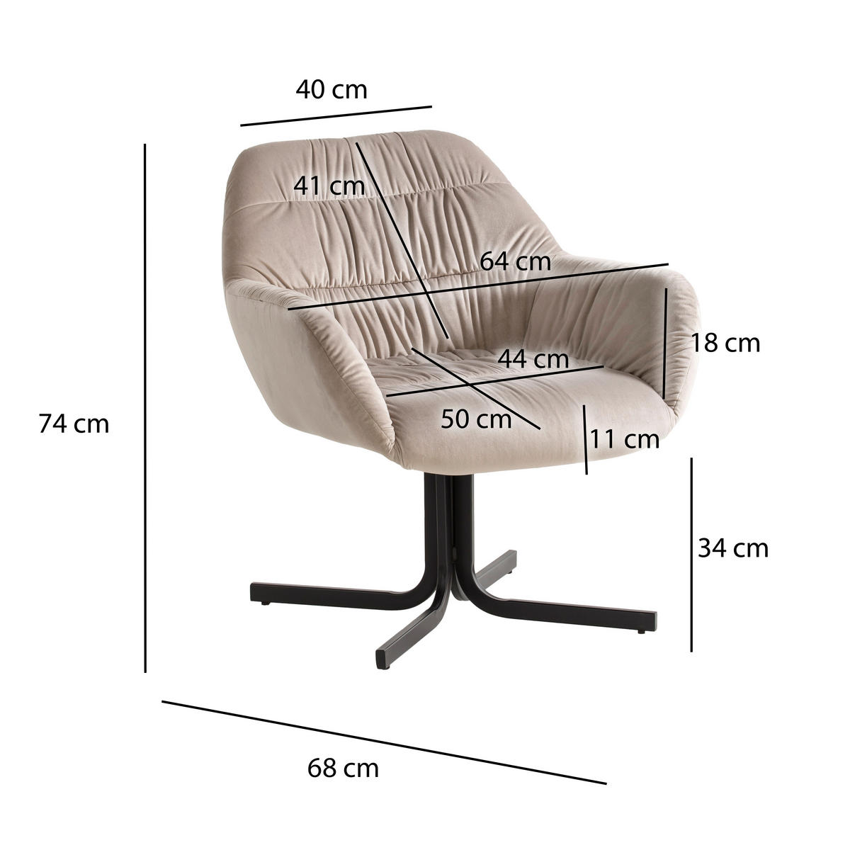 SESSEL in Samt Beige  - Beige/Schwarz, Design, Textil/Metall (64/74/68cm) - Livetastic