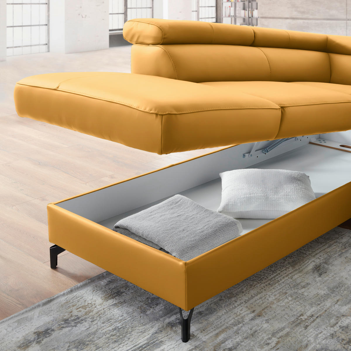 ECKSOFA Echtleder Currygelb  - Currygelb/Schwarz, Design, Leder/Metall (220/256cm) - Celina Home