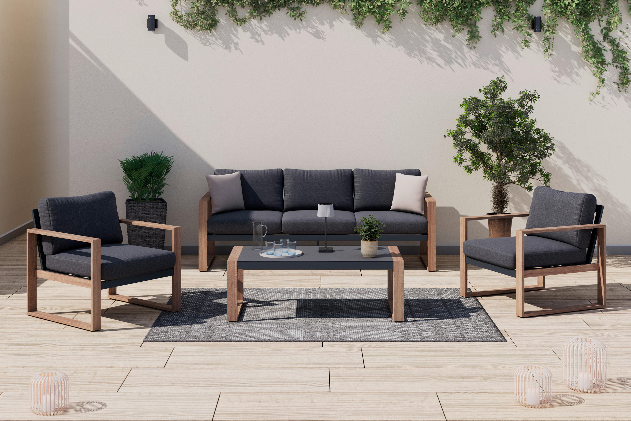 LOUNGE GARNITURA   metal, staklo, tekstil  siva, prirodne boje    - siva/prirodne boje, Moderno, staklo/metal (202.8/72/78cm) - Ambia Garden