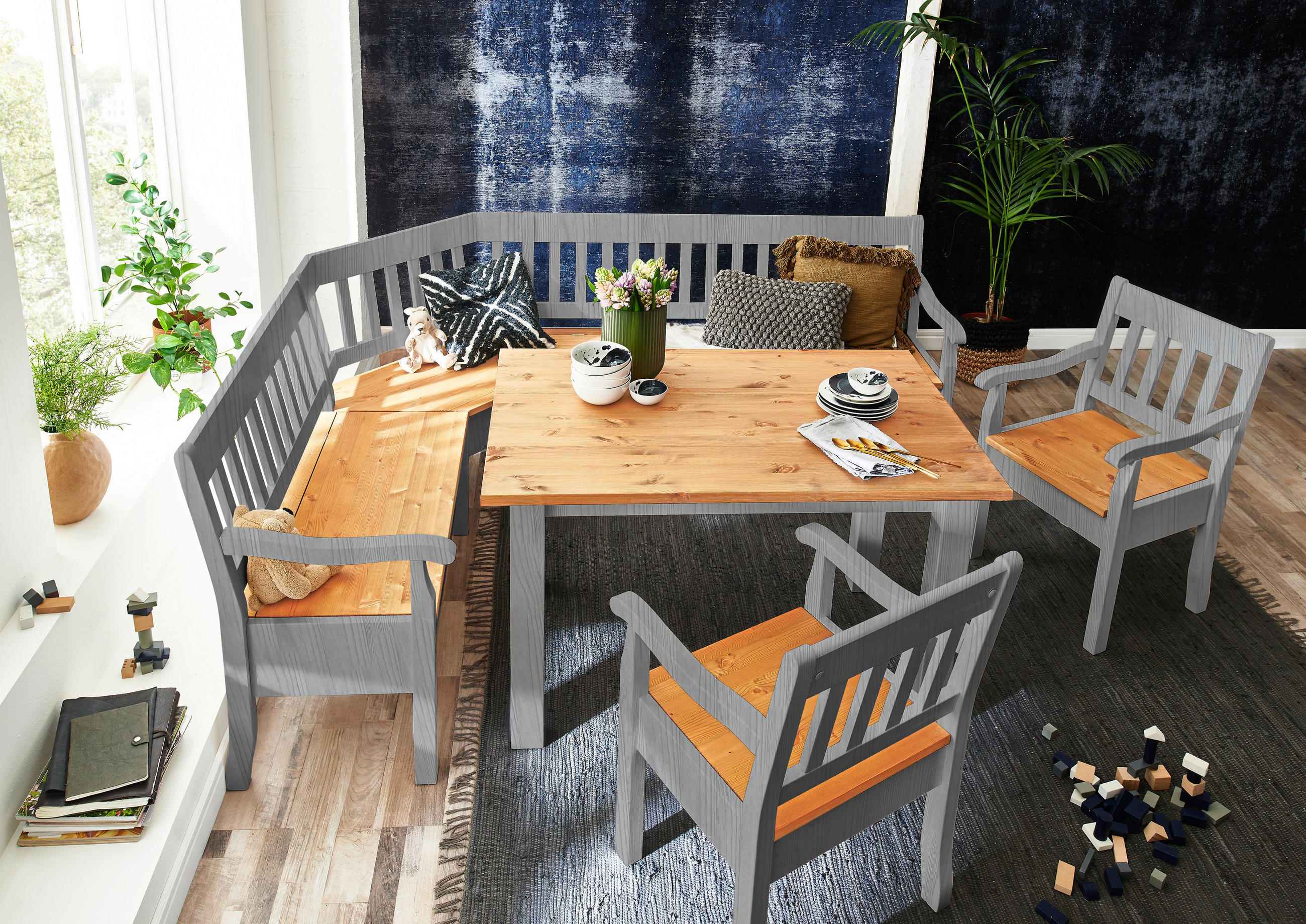 ECKBANK 170/213 cm Grau, Laugenfarbig Kiefer massiv   - Laugenfarbig/Grau, ROMANTIK / LANDHAUS, Holz (170/213cm) - Boxxx