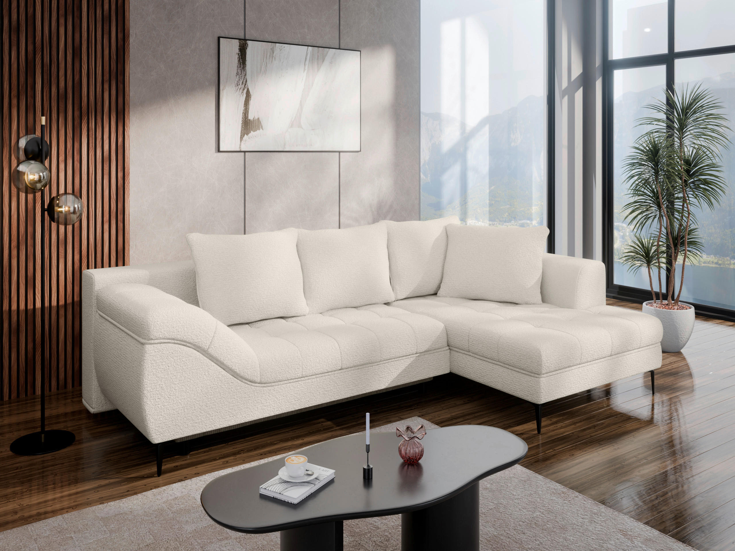 ECKSOFA Creme Struktur, Bouclé  - Creme/Schwarz, Design, Textil (177/276cm) - MID.YOU