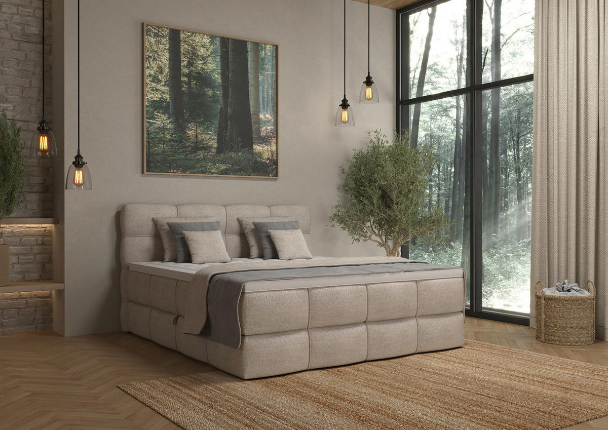 BOXSPRINGBETT 160/200 cm,  in Elfenbein, gepolstertes Kopfteil, Bettkasten, Topper, Matratzen, H3 + H3 = fest  - Elfenbein/Schwarz, Design, Kunststoff/Textil (160/200cm) - Chameo