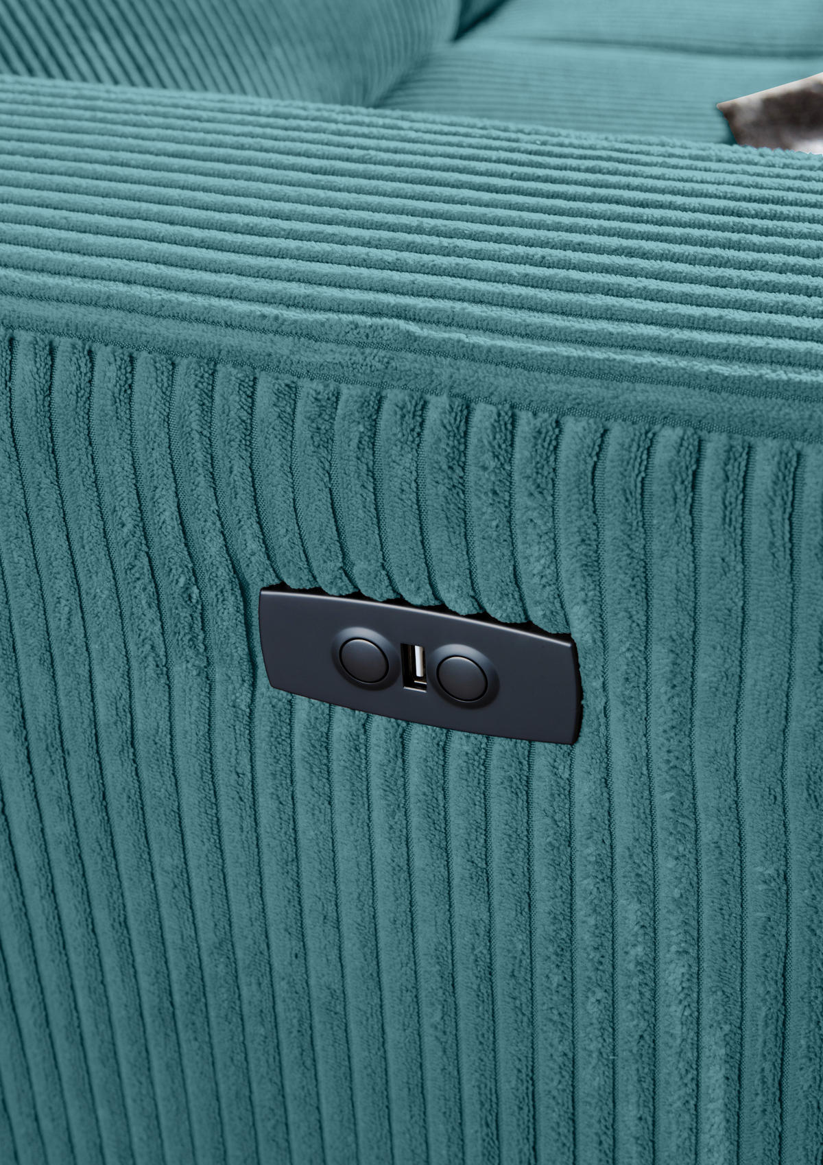 ECKSOFA Petrol Cord Rücken echt, Kopfteilverstellung, Sitzvorzug  - Petrol/Schwarz, KONVENTIONELL, Textil/Metall (257/170cm) - Carryhome