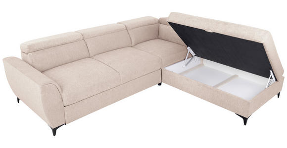 ECKSOFA Creme Velours  inkl. Bettkasten, Schlaffunktion, Rücken echt, Kopfteilverstellung, Liegefläche im Originalstoff  - Creme/Schwarz, KONVENTIONELL, Textil/Metall (255/217cm) - Carryhome