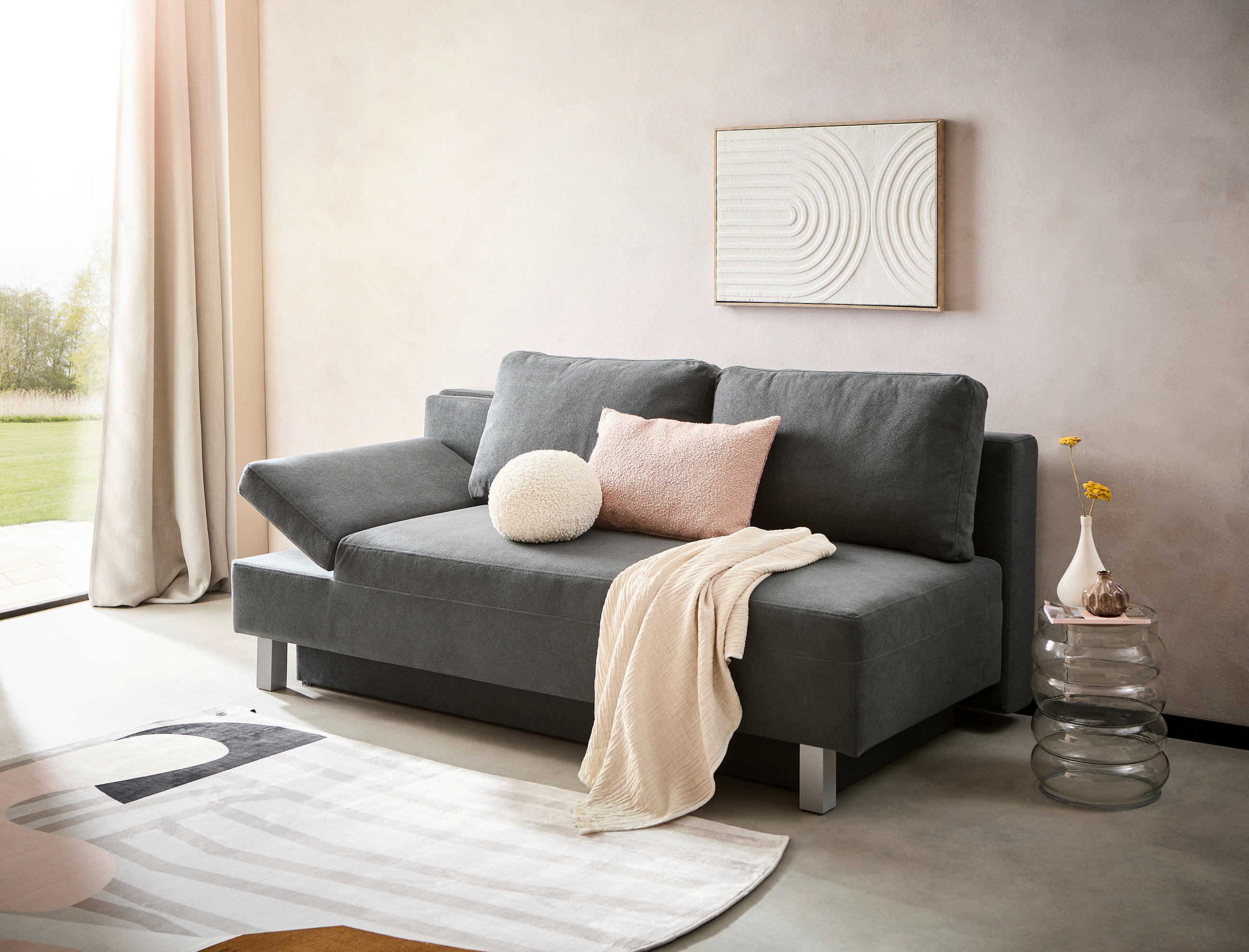 SCHLAFSOFA in Flachgewebe Dunkelgrau  - Chromfarben/Dunkelgrau, Design, Holz/Textil (205/77-93/99cm) - Novel