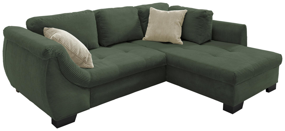 ECKSOFA Grün Cord Zierkissen, Schlaffunktion, Rücken echt, Liegefläche im Originalstoff  - Beige/Schwarz, Design, Holz/Textil (250/190cm) - MID.YOU