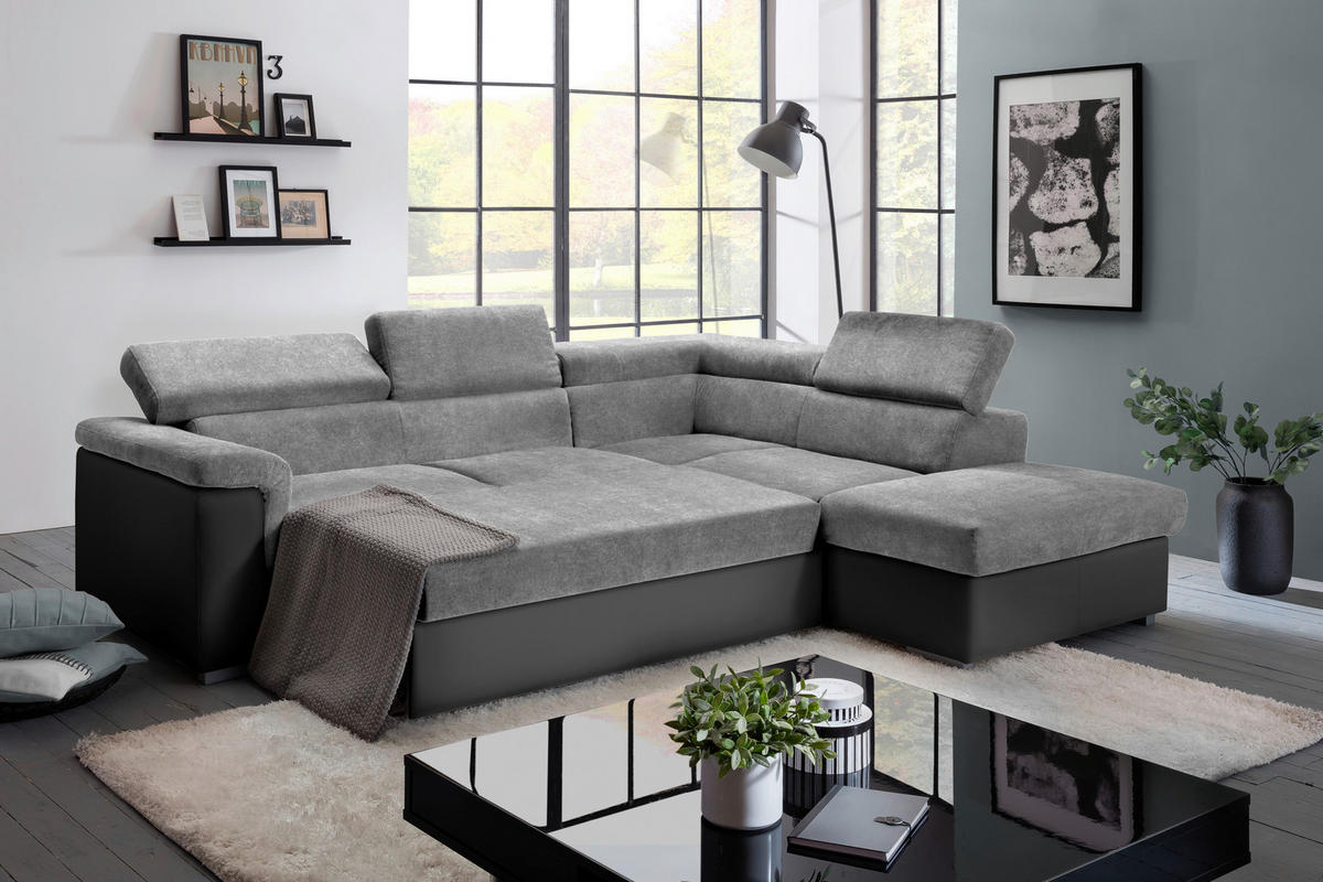 ECKSOFA in Lederlook, Flachgewebe Grau, Schwarz  252/217 cm  - Schwarz/Grau, Basics, Holz/Textil (252/217cm) - MID.YOU