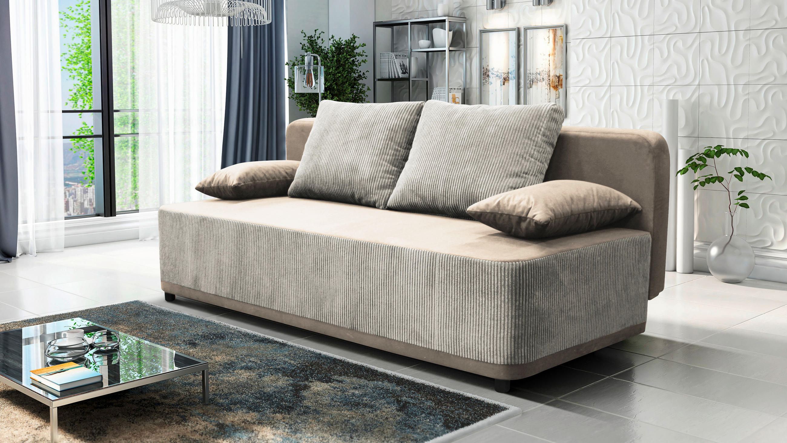 SCHLAFSOFA Velours Creme  - Creme/Schwarz, Design, Kunststoff/Textil (197/90/83cm) - MID.YOU