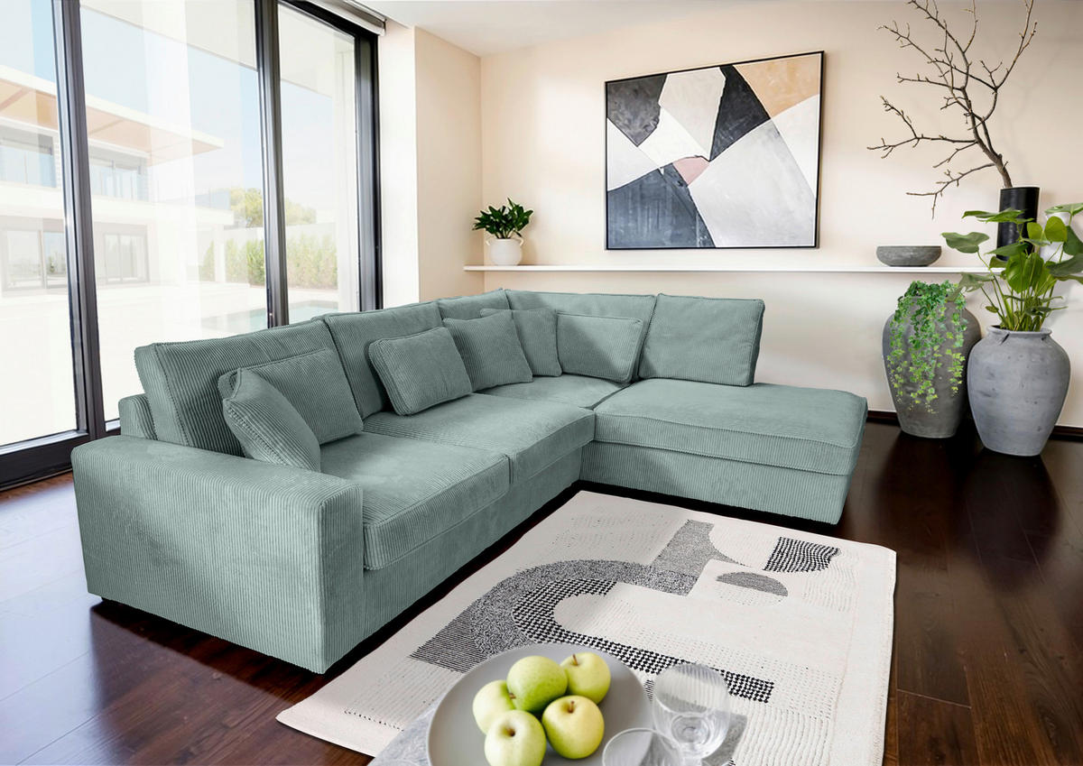 ECKSOFA  in Cord Mintgrün Zierkissen, Rückenkissen, Rücken echt  307/228 cm  - Schwarz/Mintgrün, MODERN, Kunststoff/Textil (307/228cm) - Carryhome