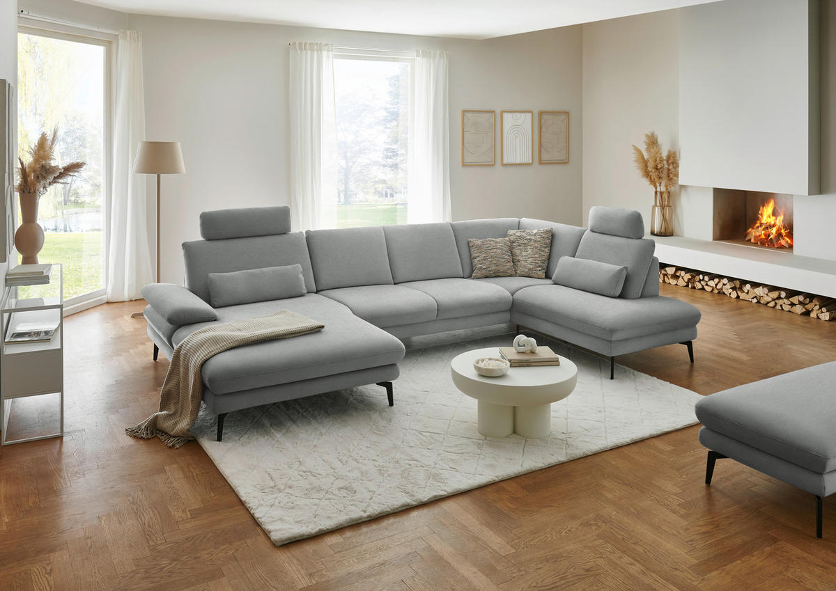 WOHNLANDSCHAFT Chenille, Flachgewebe Grau  - Schwarz/Grau, Design, Textil/Metall (180/344/208cm) - Dieter Knoll